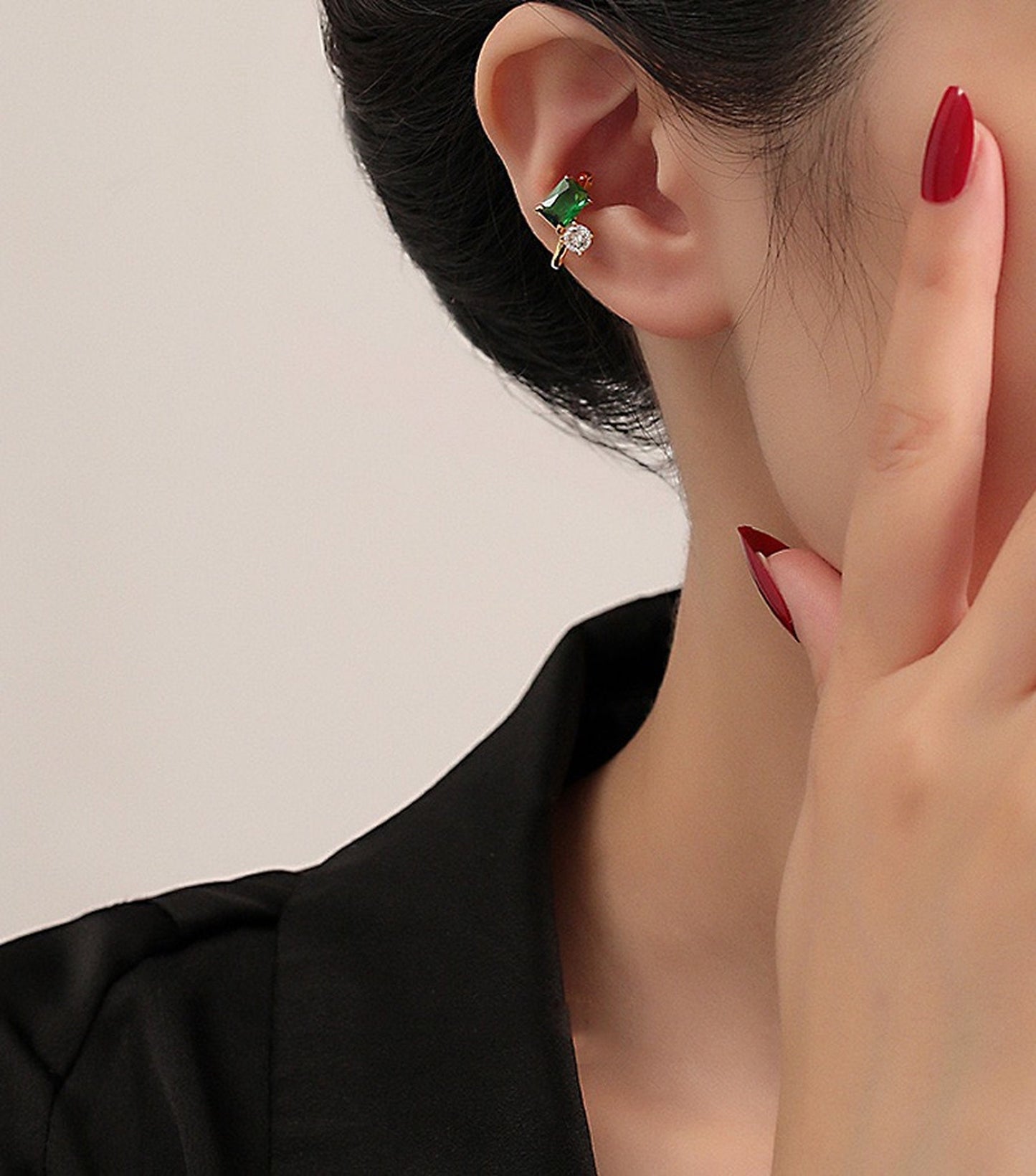 Emerald Ear Cuff Climber Stud - Non Pierced Clip on Helix Conch Cartilage Jewelry - Everyday Simple Studs