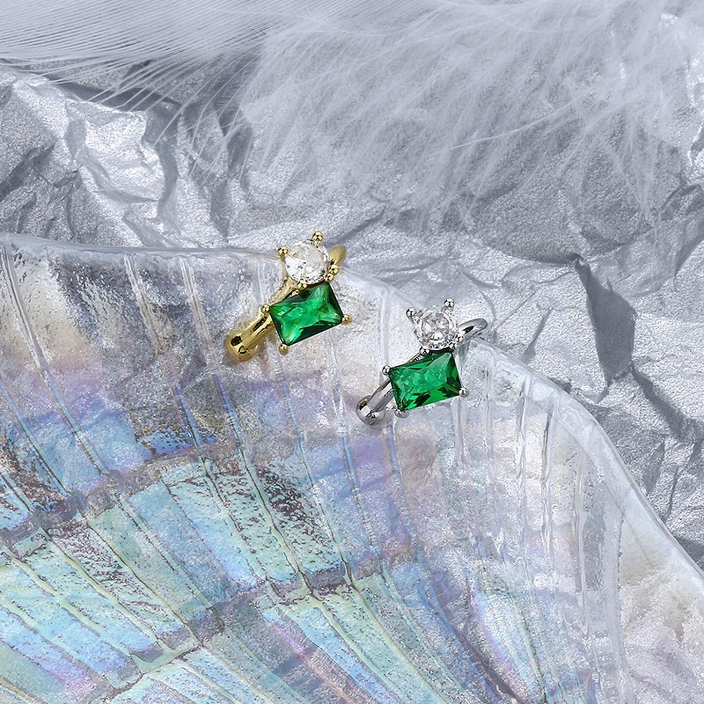 Emerald Ear Cuff Climber Stud - Non Pierced Clip on Helix Conch Cartilage Jewelry - Everyday Simple Studs