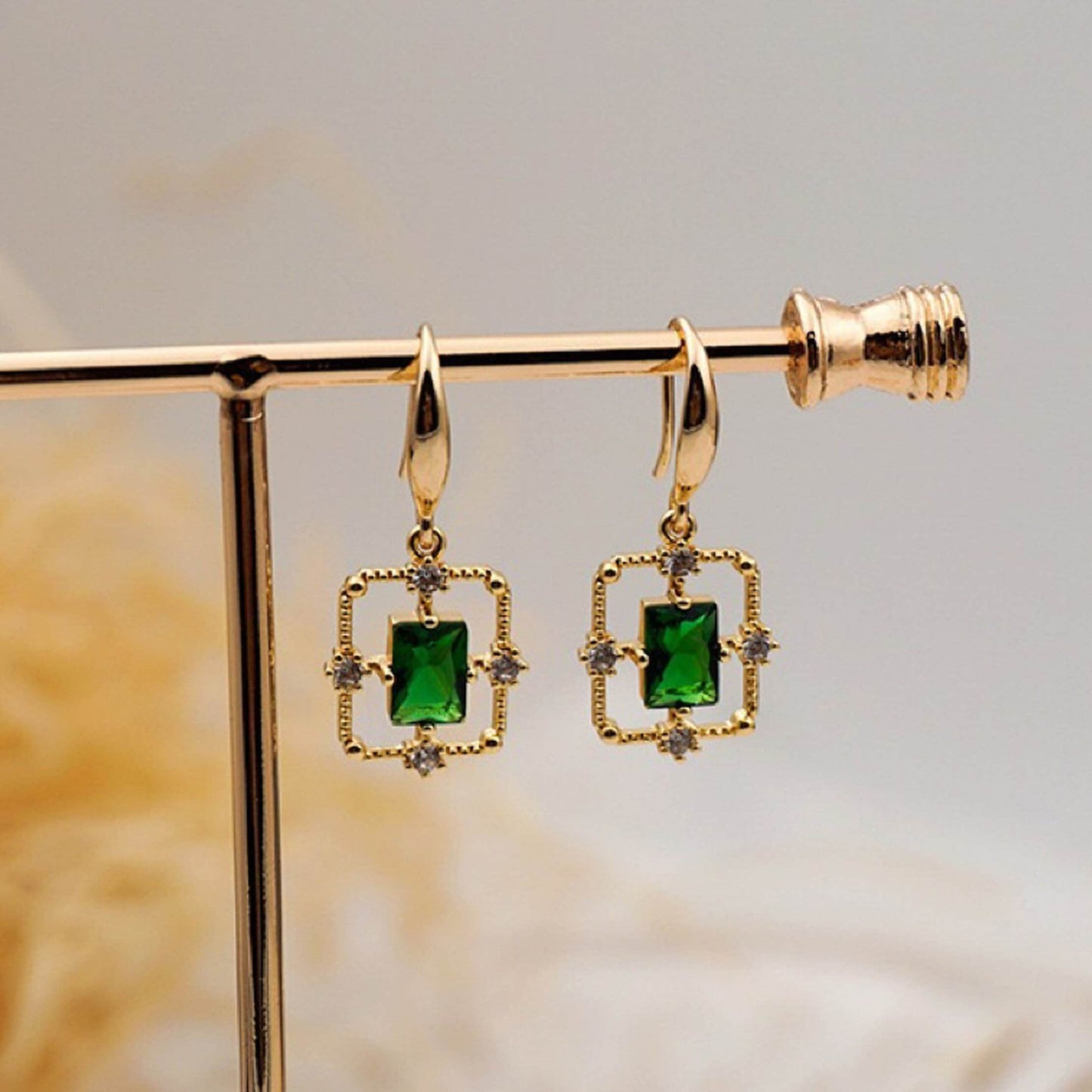 Emerald Green Gold Lace Dangle Earrings - Rectangle|Heart Emerald Dainty Jewelry