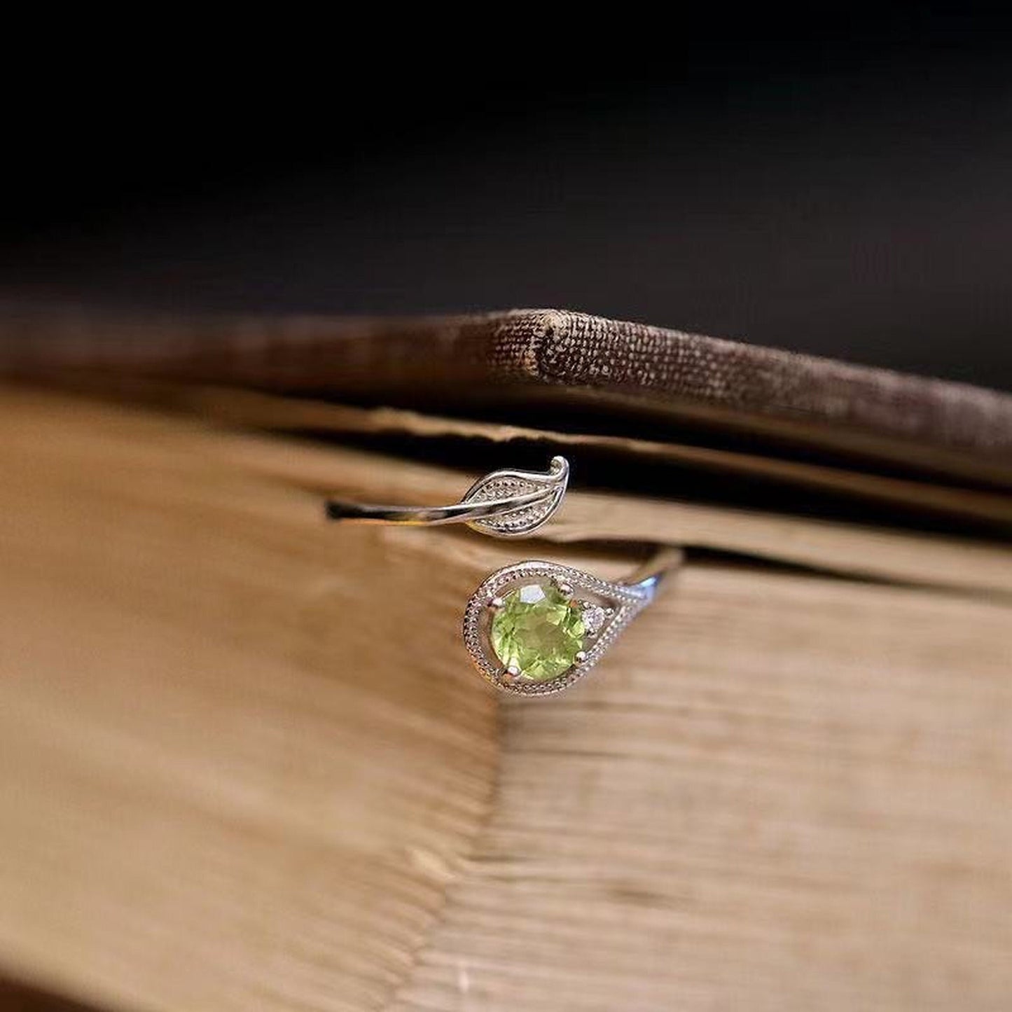 Olive Green Leaf Vine Cocktail Ring - Asymmetric Open ring