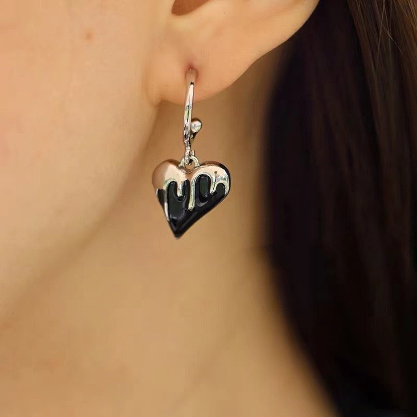 Cyberpunk Black Melting Heart Dangle Earrings - Unisex Silver Hoop Tattoo Graffiti Jewelry