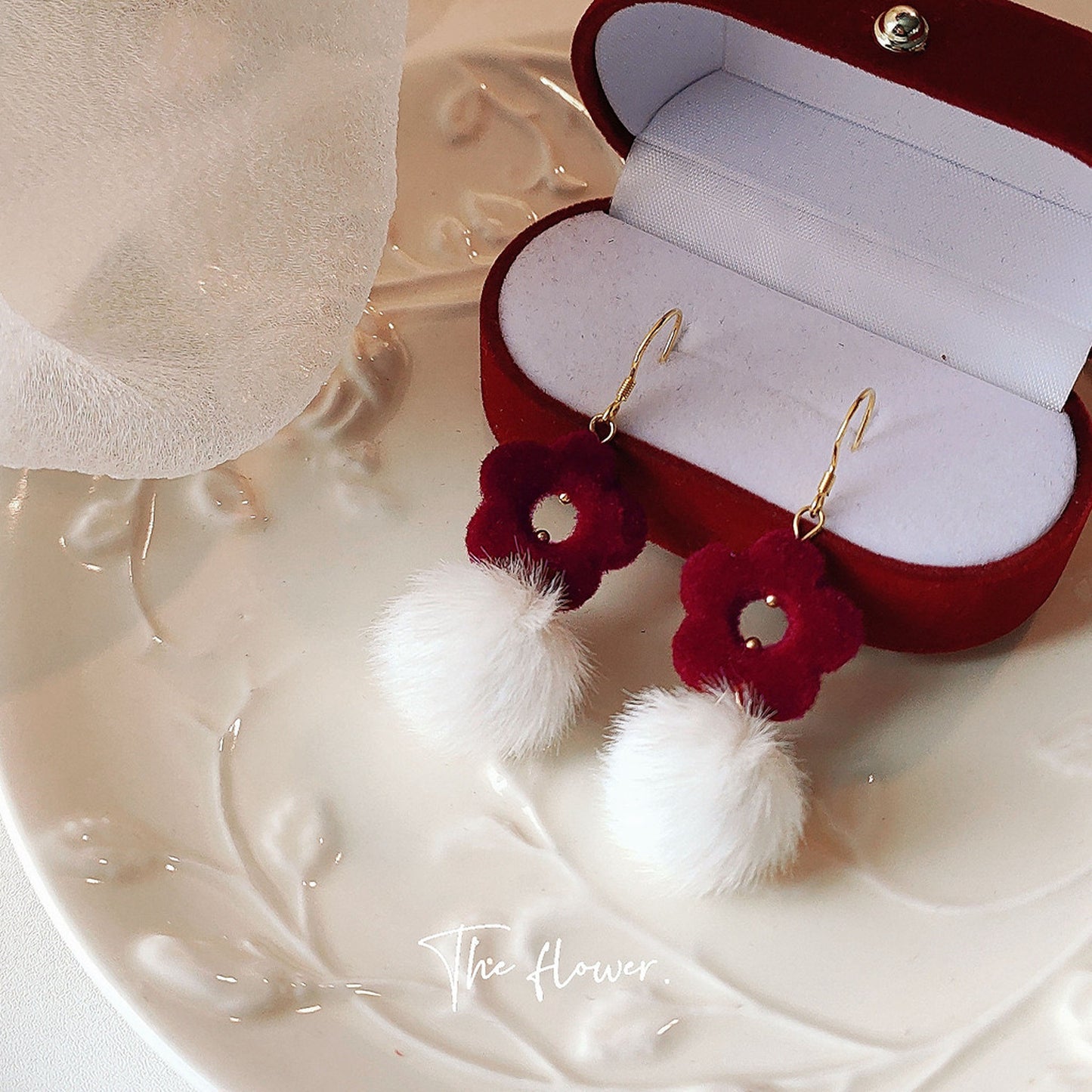 Red Velvet Rose Flower Earrings, Pom Pom Drop Fluffy Fur Earrings, Handmade Crochet Earrings, Valentine's Day Jewelry, Romantic Gift for Her