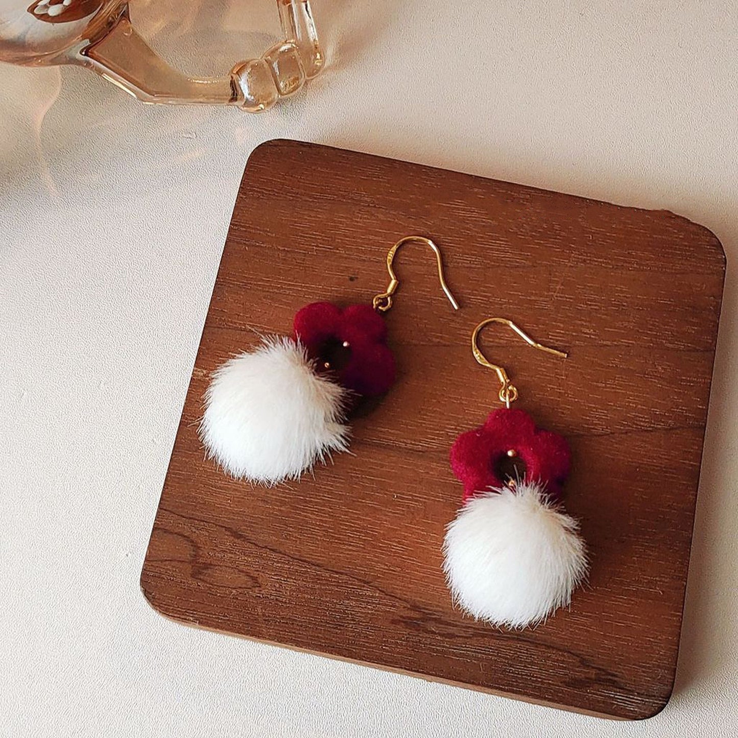 Red Velvet Rose Flower Earrings, Pom Pom Drop Fluffy Fur Earrings, Handmade Crochet Earrings, Valentine's Day Jewelry, Romantic Gift for Her