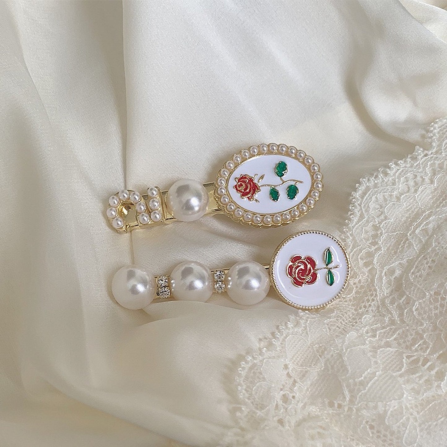 Vintage Rose Flower Pearl Hairpins | Romantic Red Rose Hair Clips Hair Accessory