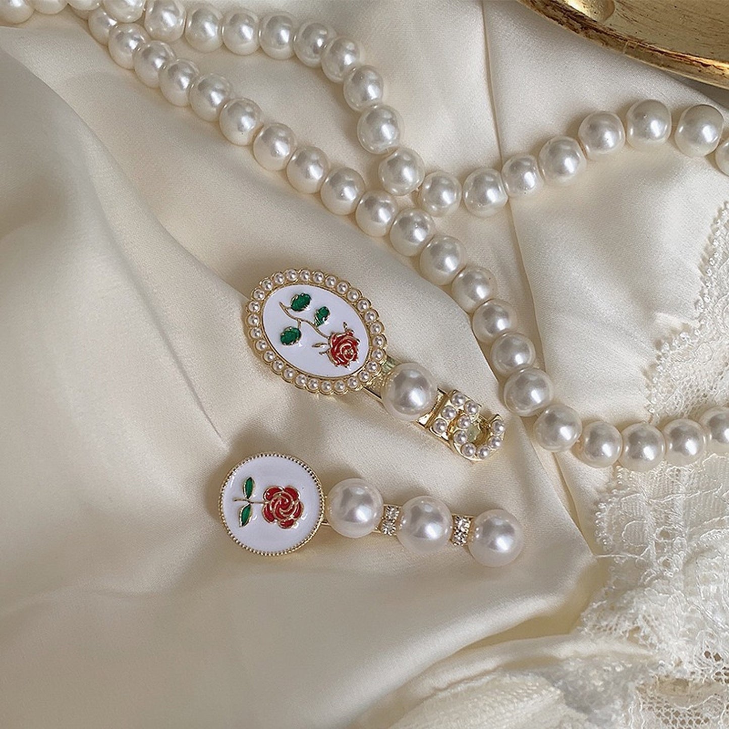 Vintage Rose Flower Pearl Hairpins | Romantic Red Rose Hair Clips Hair Accessory