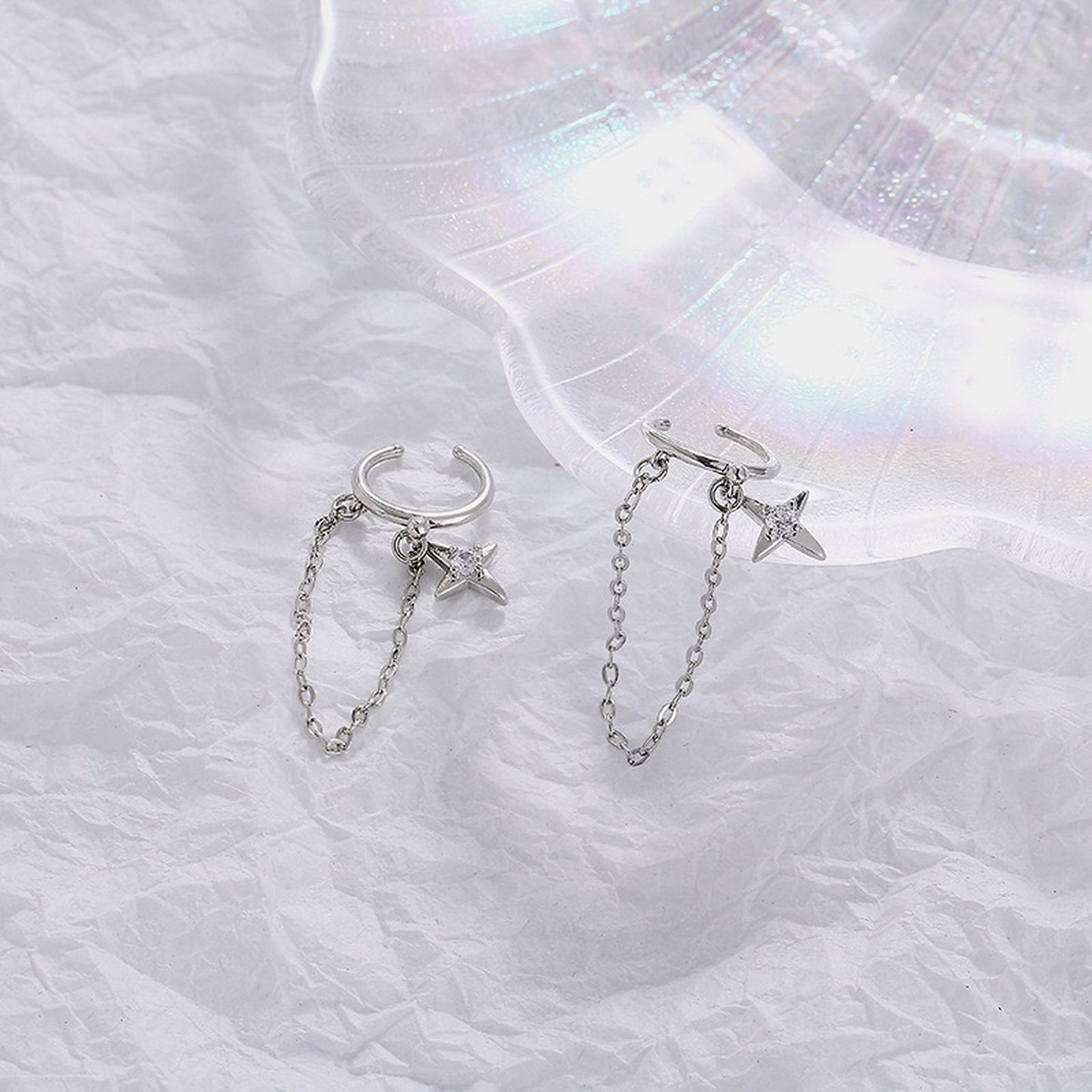 No Pierce Silver Star Celestial Dangle Cuff Earrings | K-Pop Punk Gothic Ear Climber Cuff