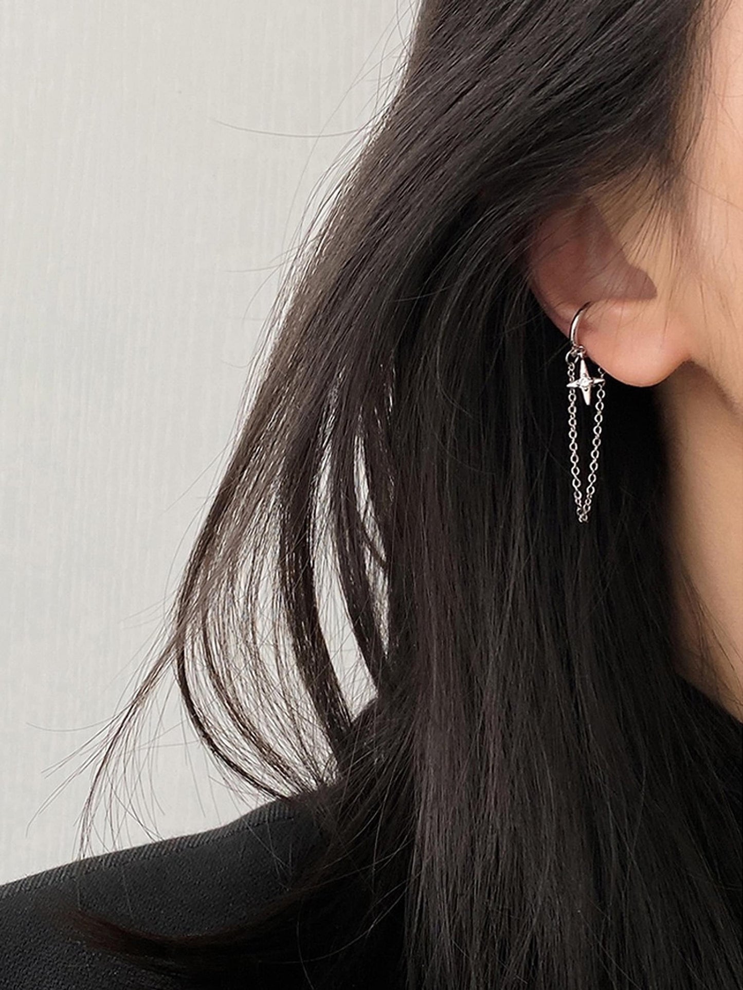 No Pierce Silver Star Celestial Dangle Cuff Earrings | K-Pop Punk Gothic Ear Climber Cuff