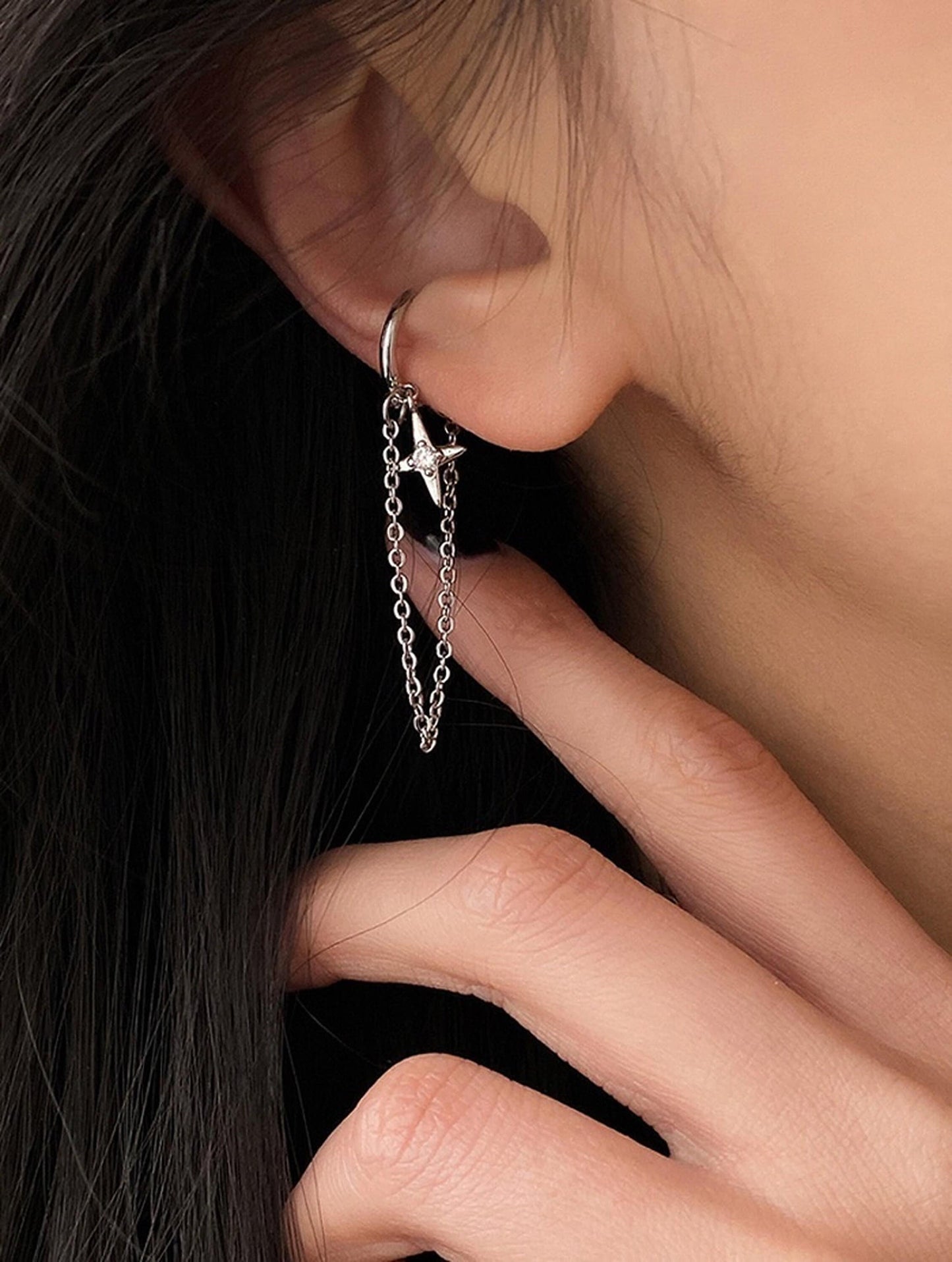 No Pierce Silver Star Celestial Dangle Cuff Earrings | K-Pop Punk Gothic Ear Climber Cuff