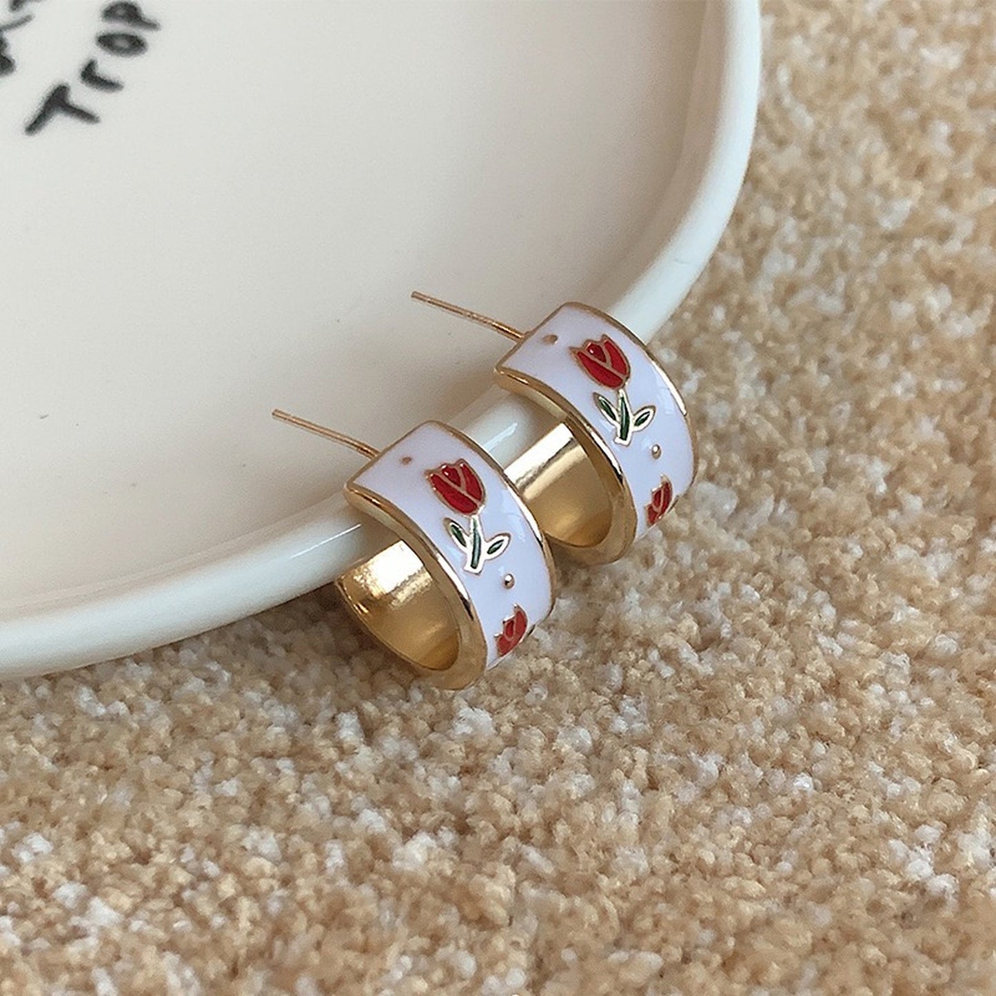 Vintage Style Red Rose Flower Hoop Earrings | Parisian Romantic Chunky Hoop Earrings