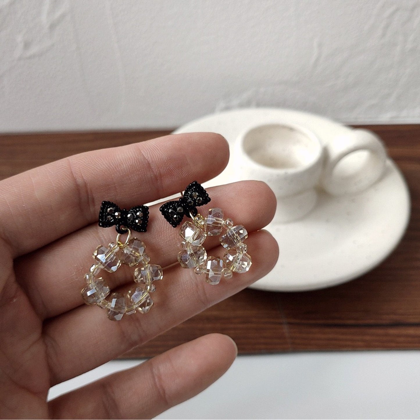 Cute Goth Black Bow Ribbon Earrings - Clear Crystal Beaded Circle Sparkly Earrings
