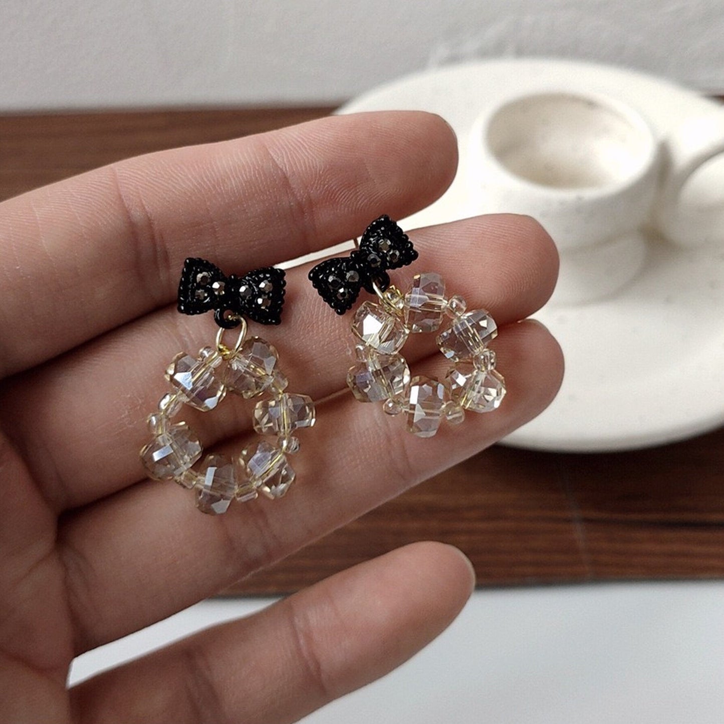 Cute Goth Black Bow Ribbon Earrings - Clear Crystal Beaded Circle Sparkly Earrings