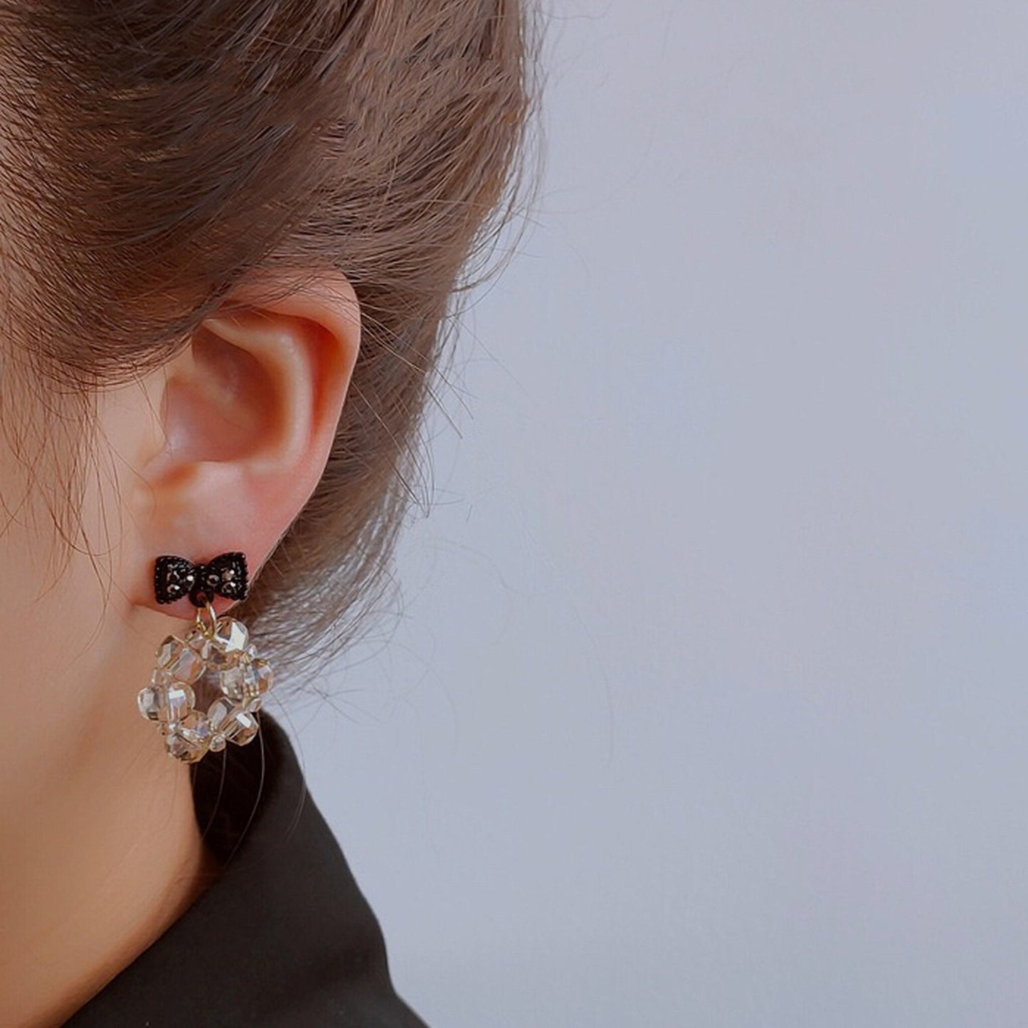 Cute Goth Black Bow Ribbon Earrings - Clear Crystal Beaded Circle Sparkly Earrings