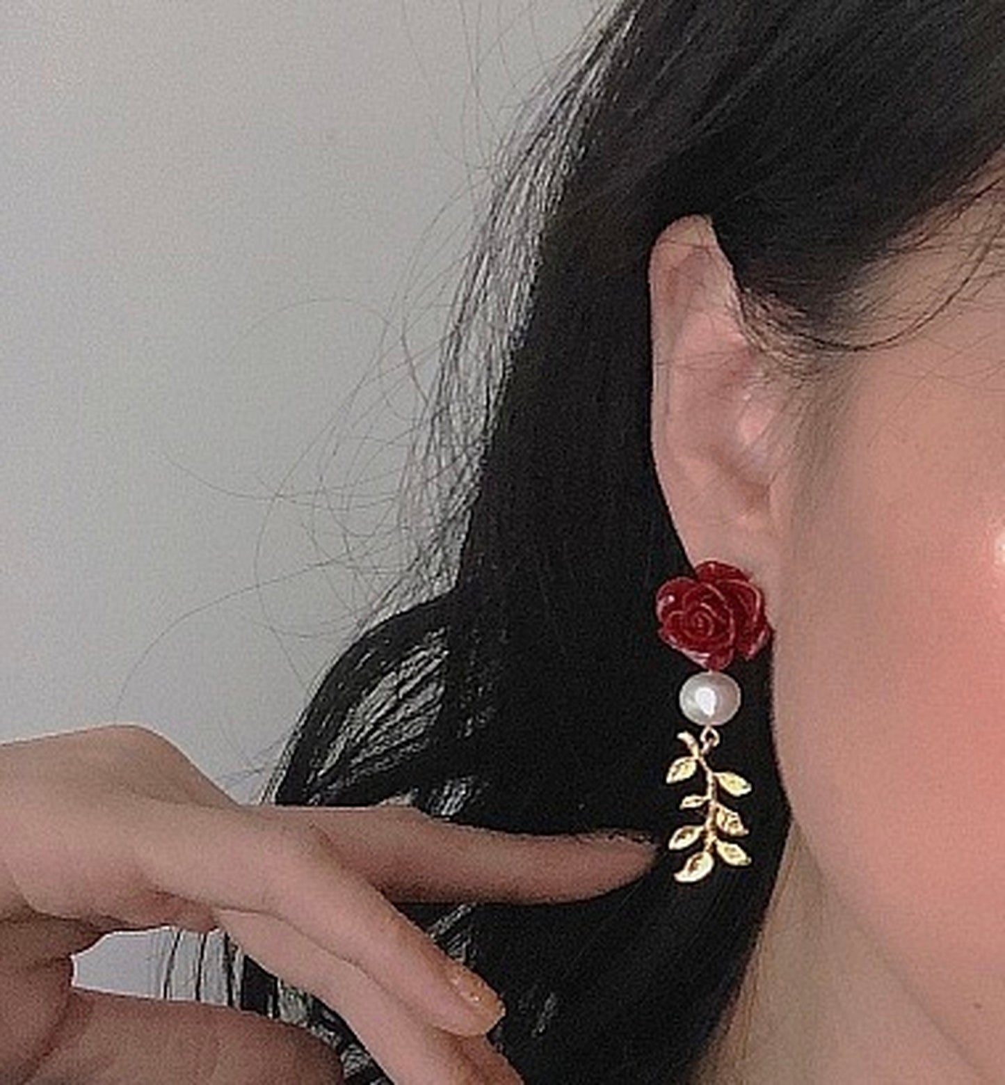 Valentine Princess Red Rose Wreath Earrings | Vintage Style Pearl Flower Gold Olive Vine Earrings