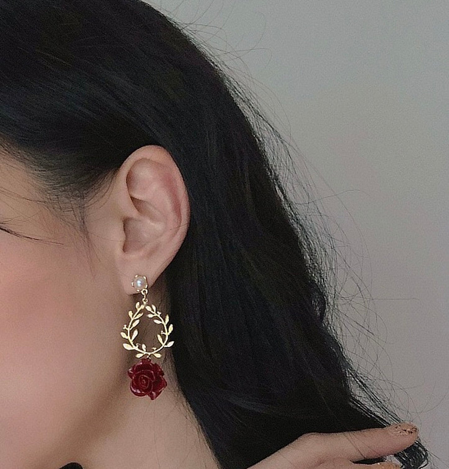Valentine Princess Red Rose Wreath Earrings | Vintage Style Pearl Flower Gold Olive Vine Earrings
