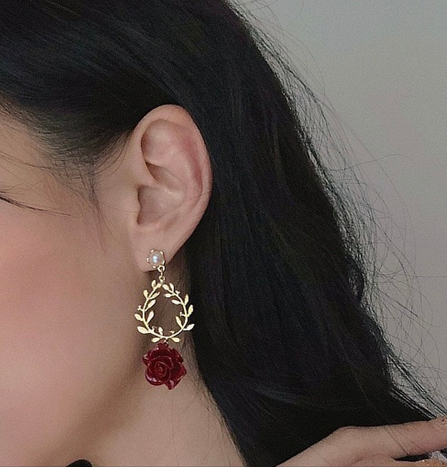 Valentine Princess Red Rose Wreath Earrings | Vintage Style Pearl Flower Gold Olive Vine Earrings