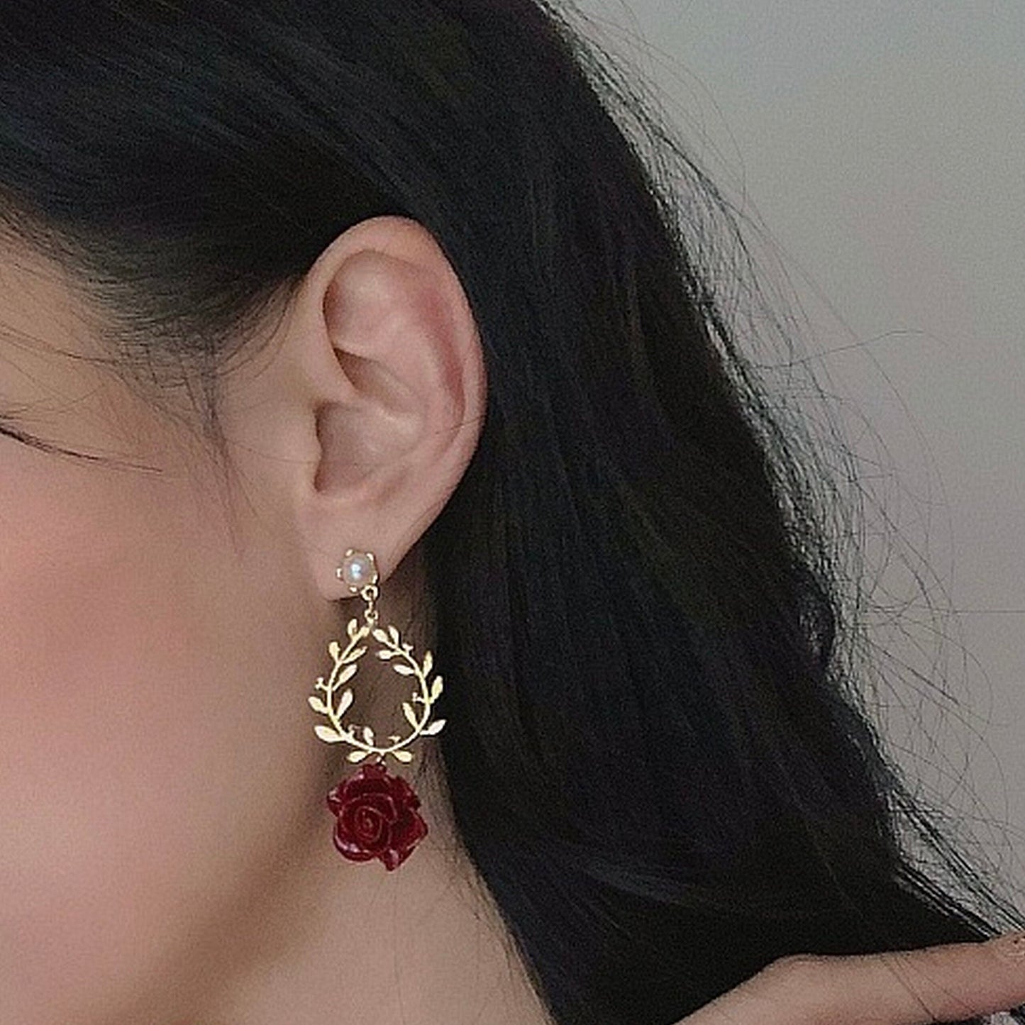 Valentine Princess Red Rose Wreath Earrings | Vintage Style Pearl Flower Gold Olive Vine Earrings