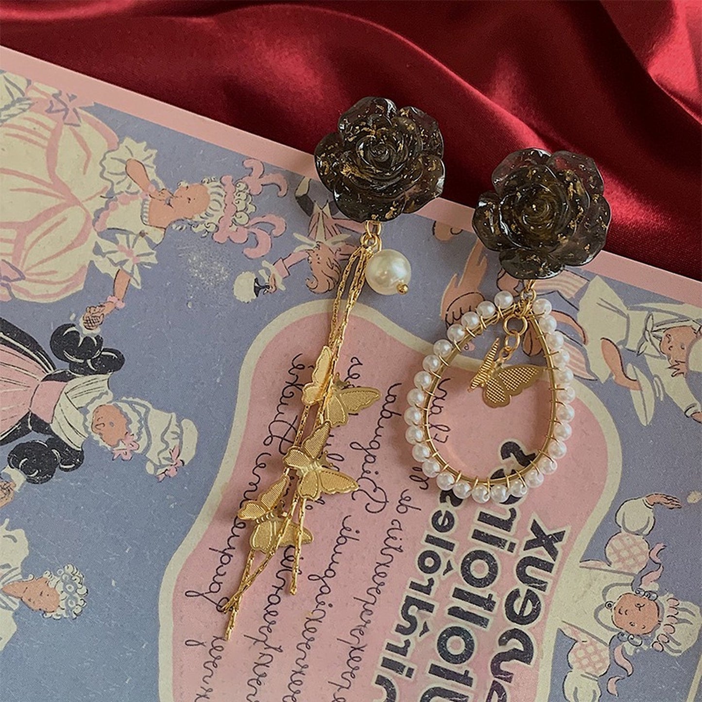 Dark Lolita Princess Drop Earrings | Romantic Black Rose Butterfly Layered Earrings