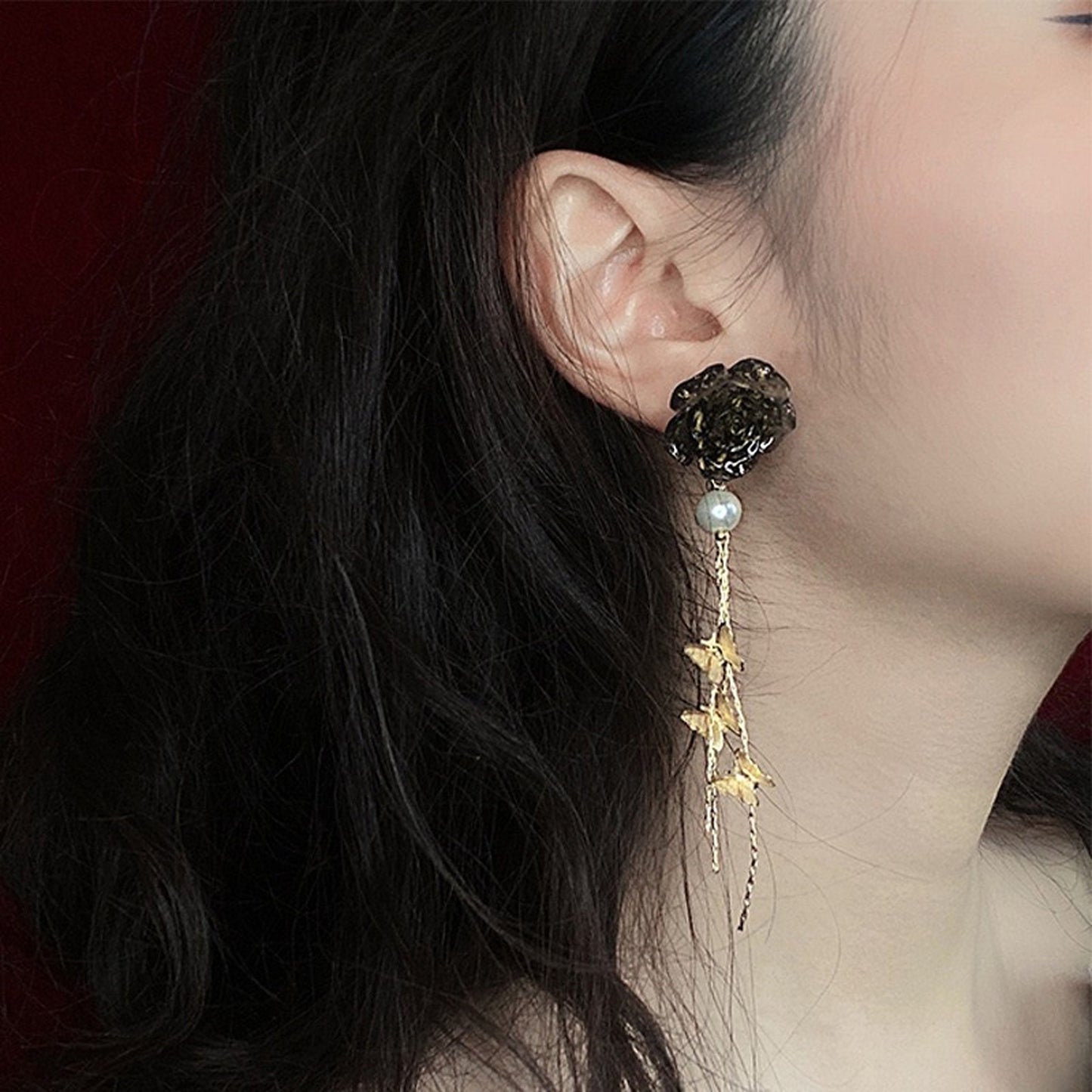 Dark Lolita Princess Drop Earrings | Romantic Black Rose Butterfly Layered Earrings