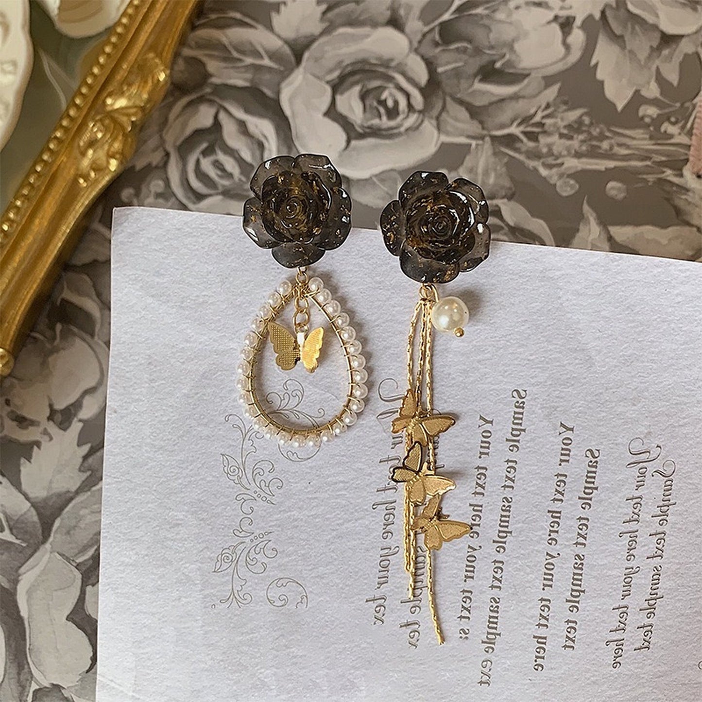 Dark Lolita Princess Drop Earrings | Romantic Black Rose Butterfly Layered Earrings
