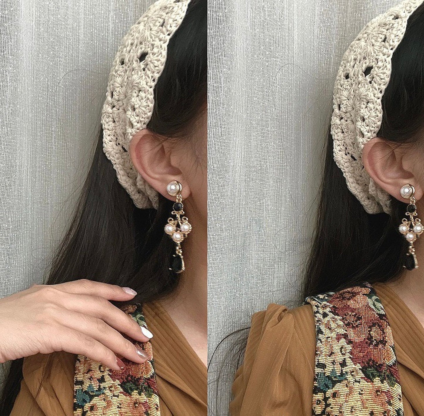 Gothic Black Teardrop Earrings - Victorian Luxury Gold Lace Earrings - Baroque Pearl Black Onyx Fan Drop Earrings