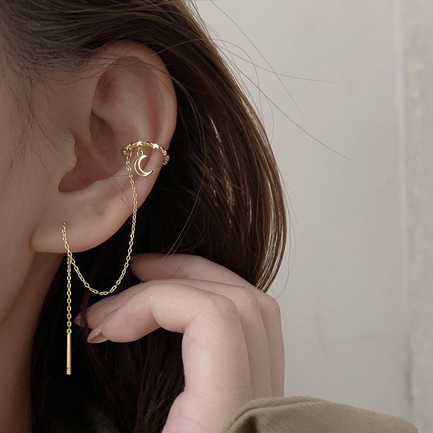 Celestial Ear Cuff Threader | Silver Dangle Chain Earrings | Tassel Cuff Wrap Earrings | Everyday Dainty Helix Cartilage Earrings