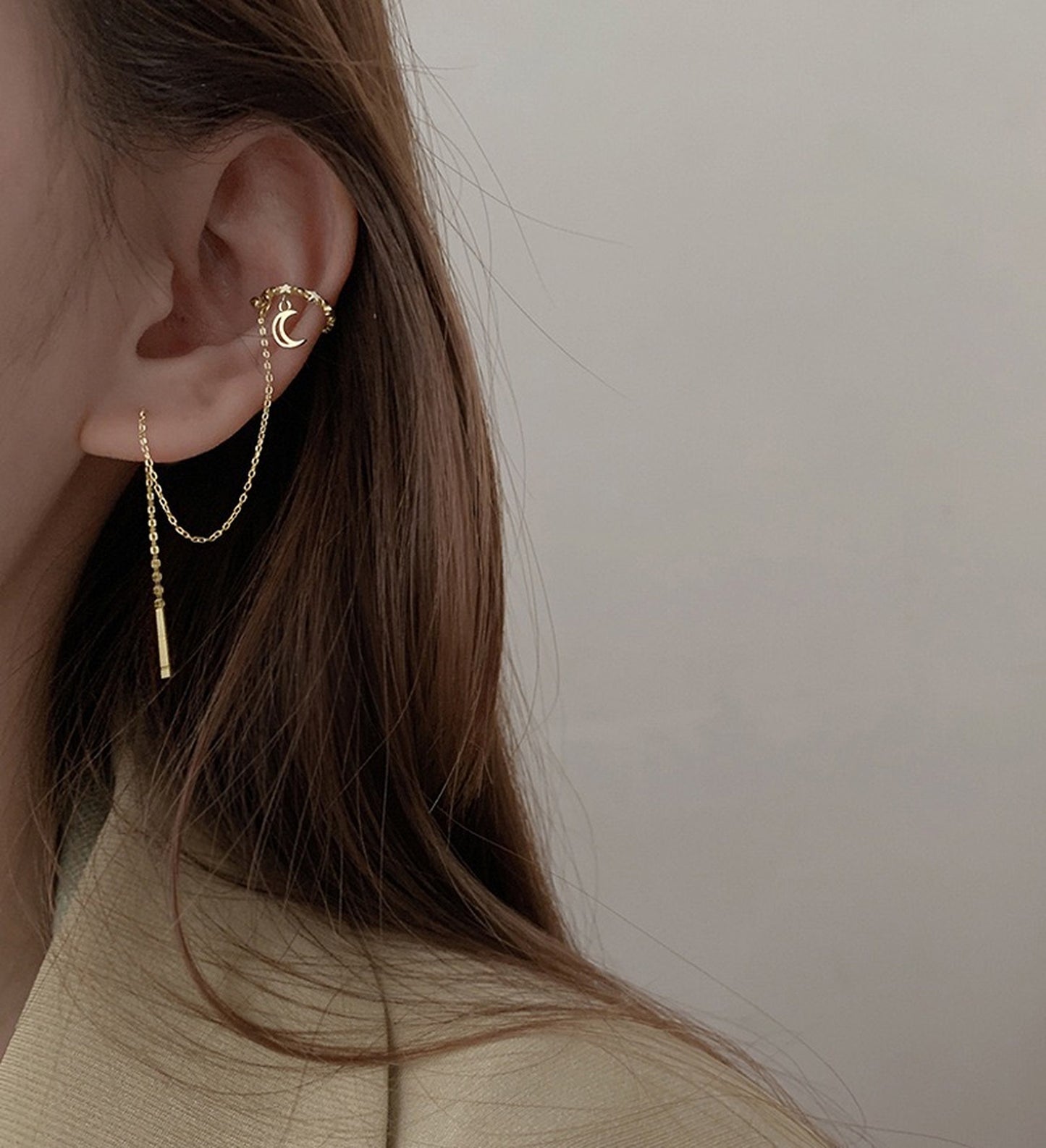 Celestial Ear Cuff Threader | Silver Dangle Chain Earrings | Tassel Cuff Wrap Earrings | Everyday Dainty Helix Cartilage Earrings