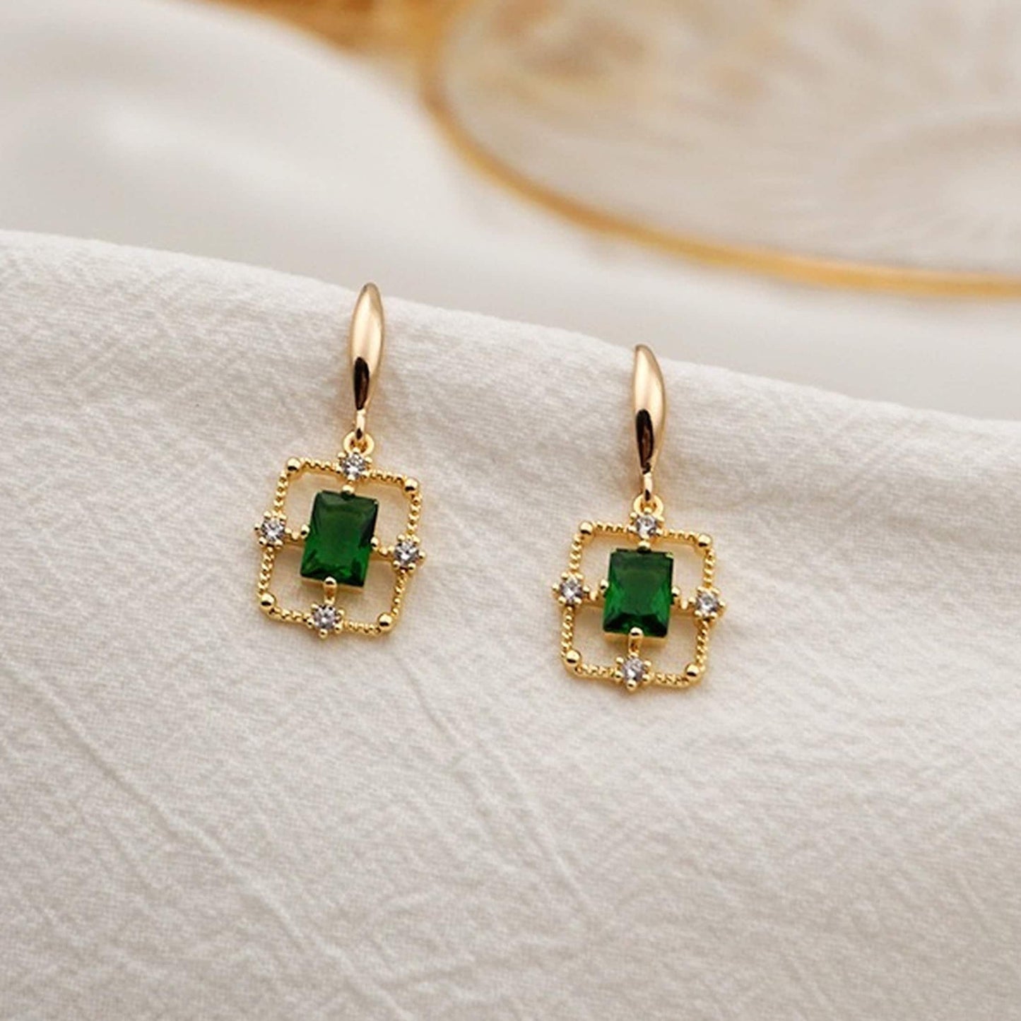 Emerald Green Gold Lace Dangle Earrings - Rectangle|Heart Emerald Dainty Jewelry