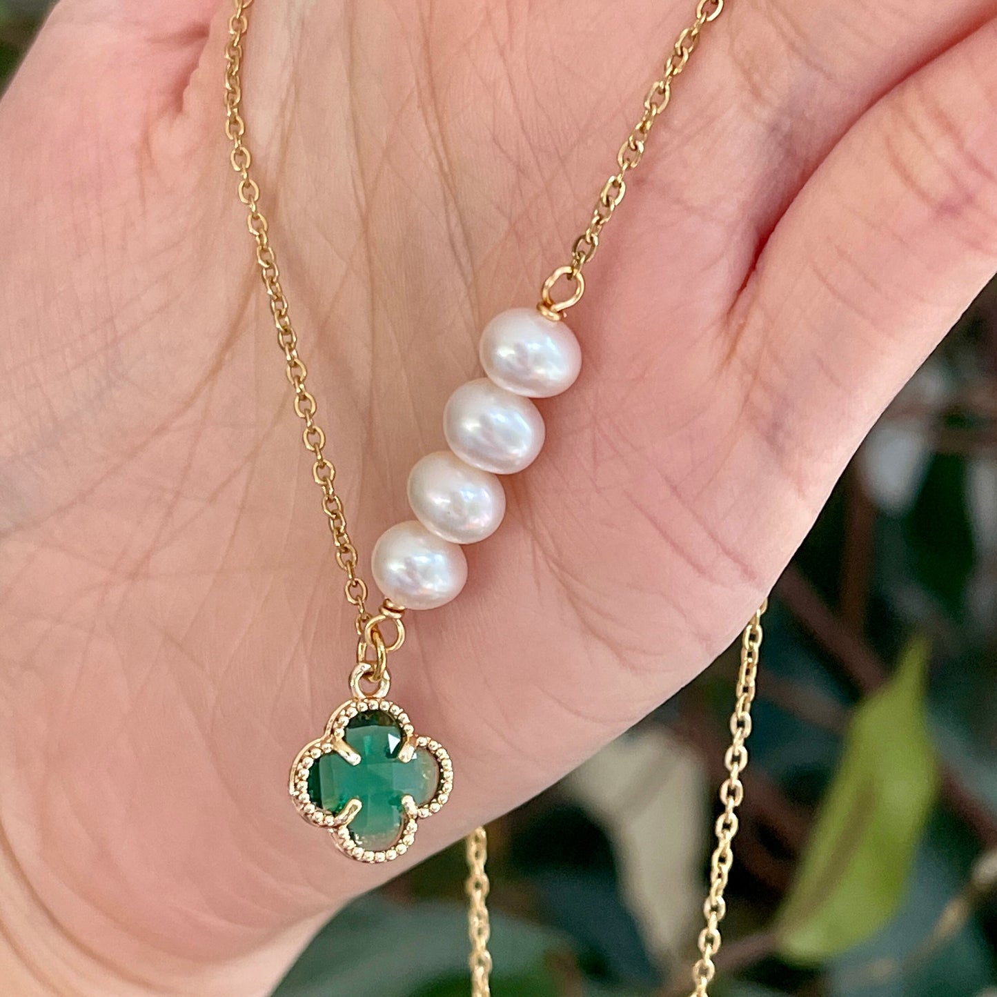 Emerald Natural Pearl Gold Necklace | Lucky Clover Leaf Green Emerald Necklace