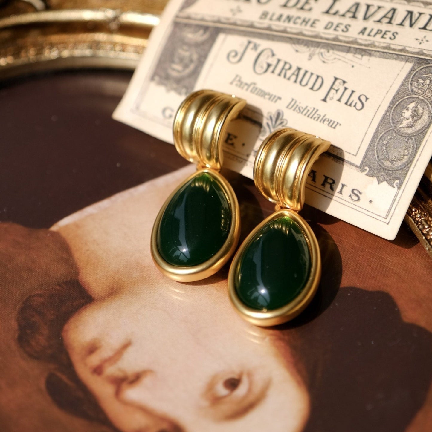 Emerald Teardrop Earrings, Emerald Green Earrings, Vintage Gold Earrings, Antique Style Earrings, 90s Retro Earrings, Wedding Jewelry Gifts