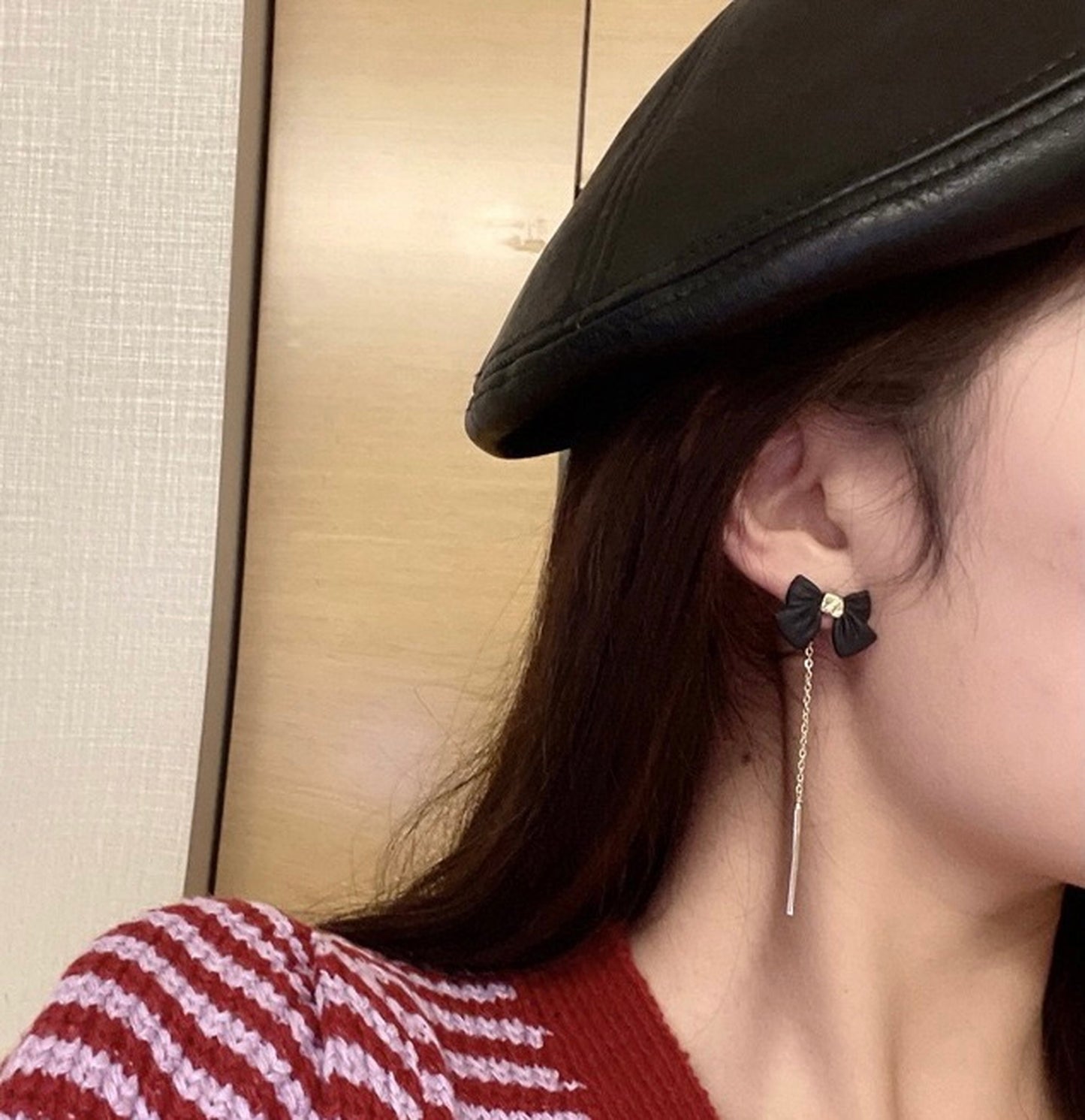 Black Ribbon Bow Gold Earrings | 2 Way Versatile Dangle Drop Earrings | Girly Romance