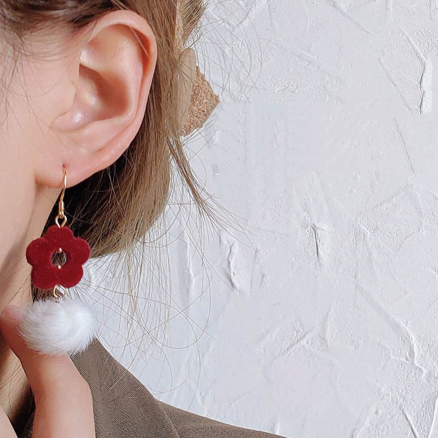 Red Velvet Rose Flower Earrings, Pom Pom Drop Fluffy Fur Earrings, Handmade Crochet Earrings, Valentine's Day Jewelry, Romantic Gift for Her