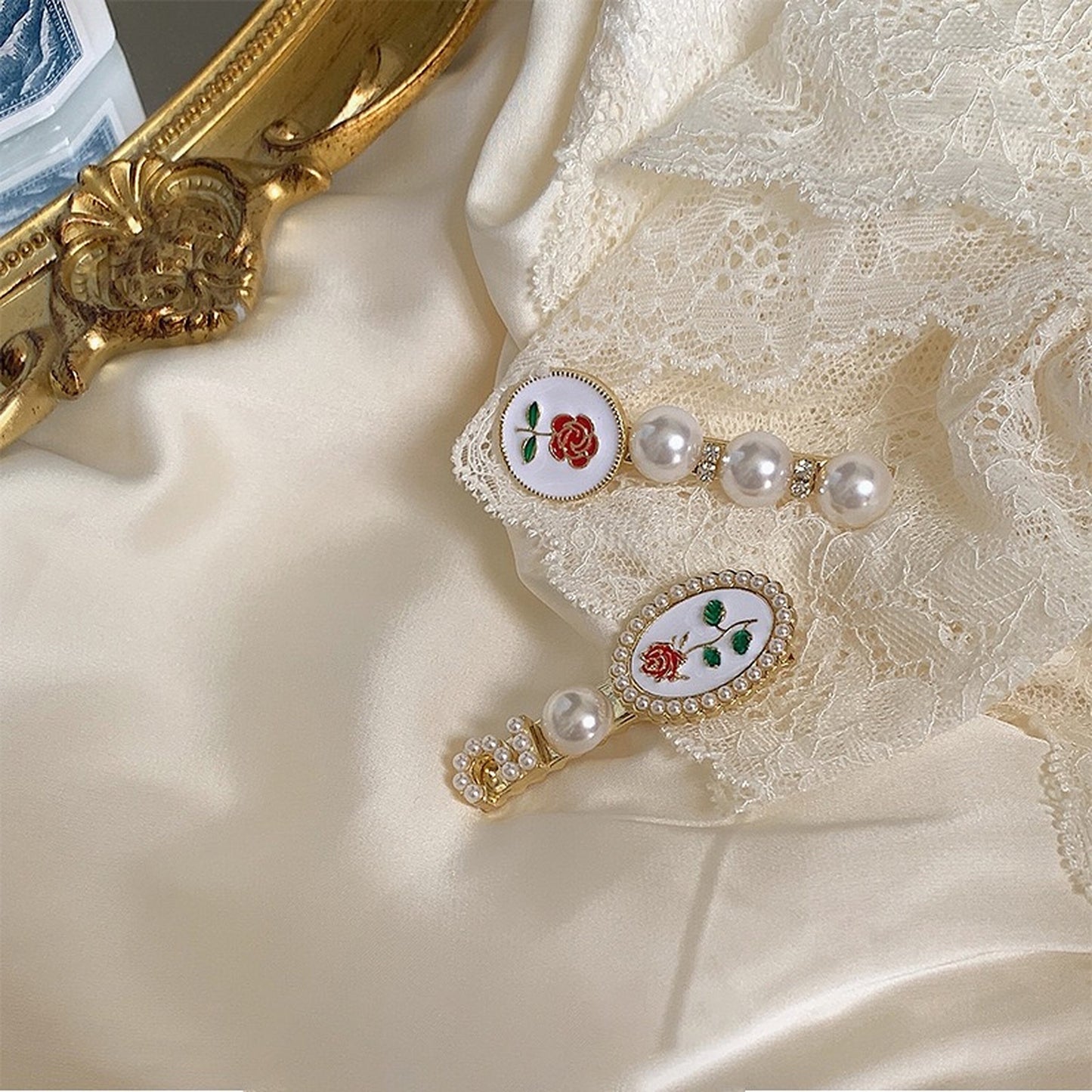 Vintage Rose Flower Pearl Hairpins | Romantic Red Rose Hair Clips Hair Accessory