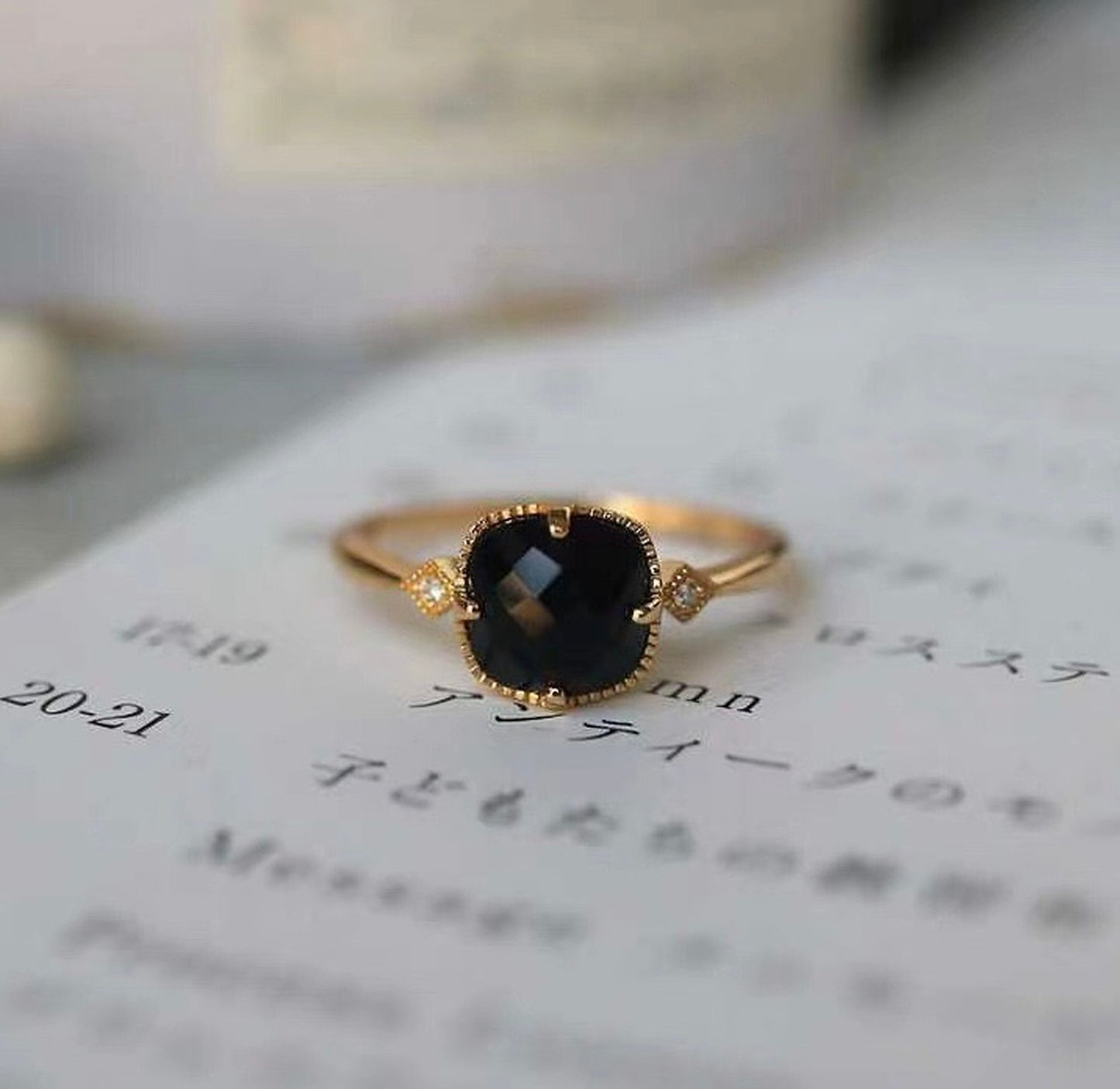 Vintage Style Black Gemstone Cushion Ring - Handmade Black Onyx Agate Gold Band
