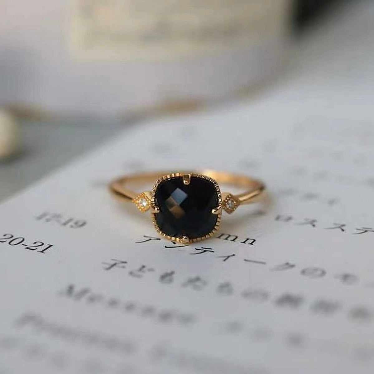 Vintage Style Black Gemstone Cushion Ring - Handmade Black Onyx Agate Gold Band