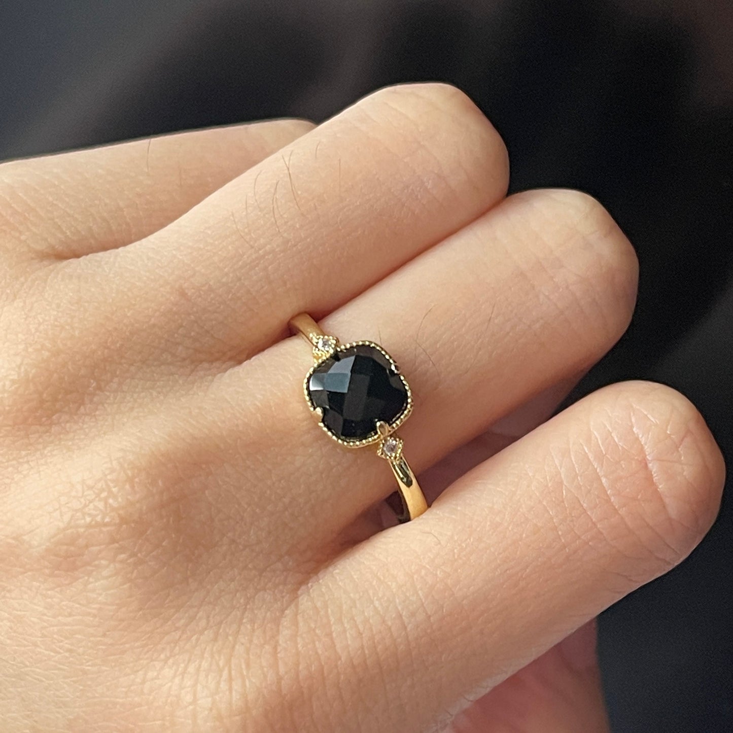 Vintage Style Black Gemstone Cushion Ring - Handmade Black Onyx Agate Gold Band