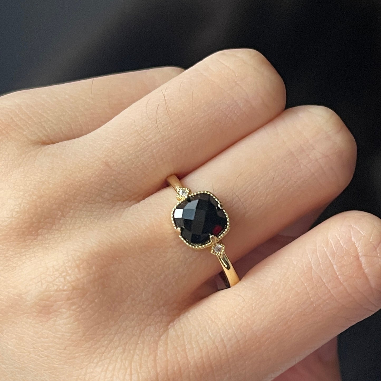 Vintage Style Black Gemstone Cushion Ring - Handmade Black Onyx Agate Gold Band