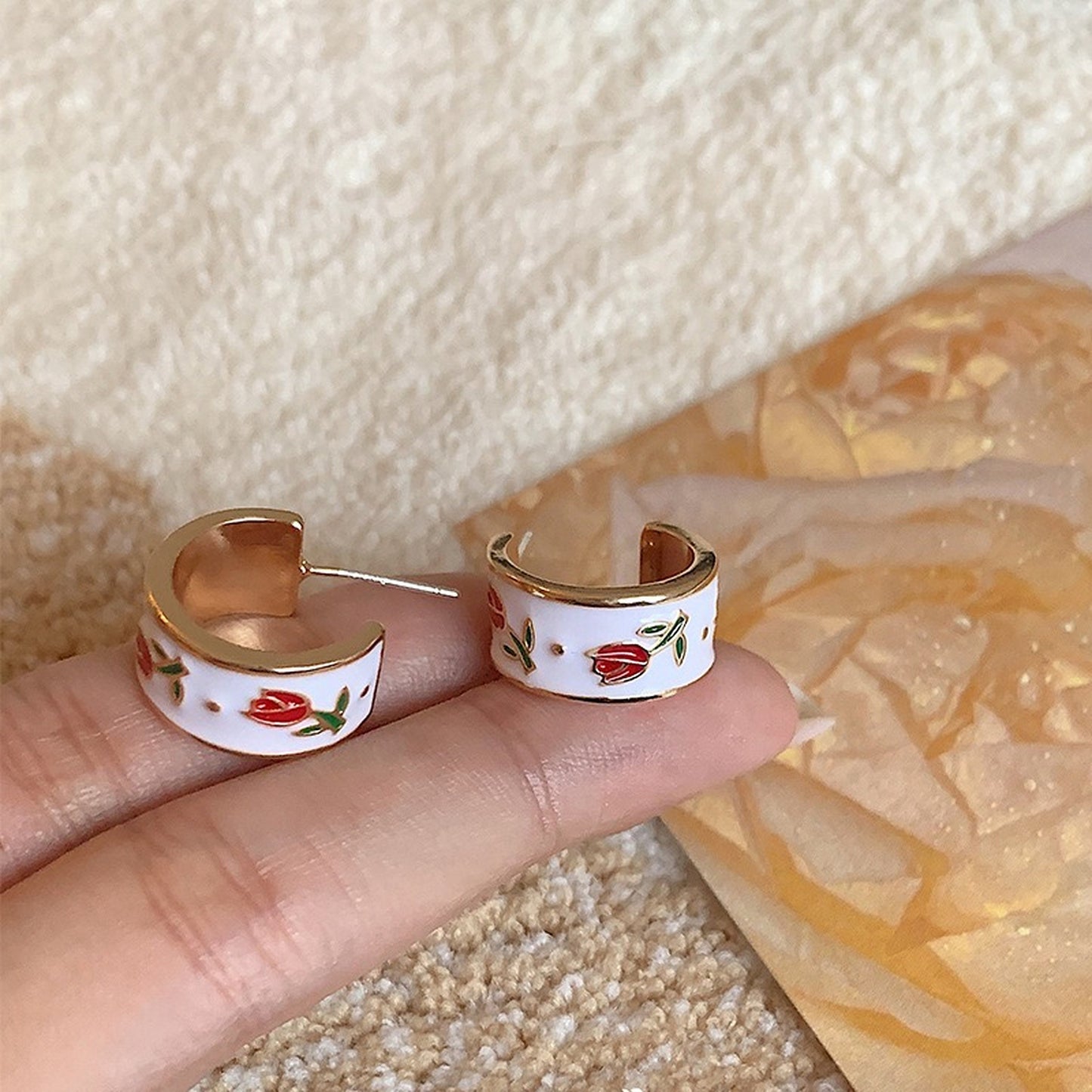 Vintage Style Red Rose Flower Hoop Earrings | Parisian Romantic Chunky Hoop Earrings