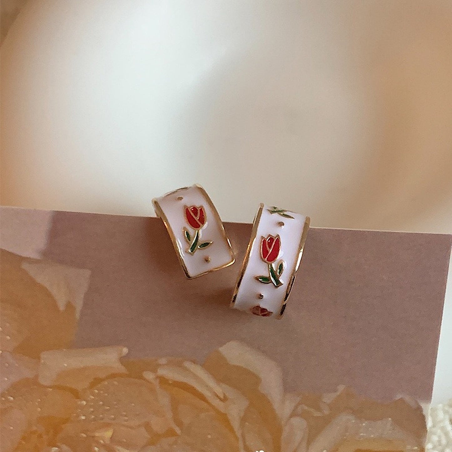 Vintage Style Red Rose Flower Hoop Earrings | Parisian Romantic Chunky Hoop Earrings