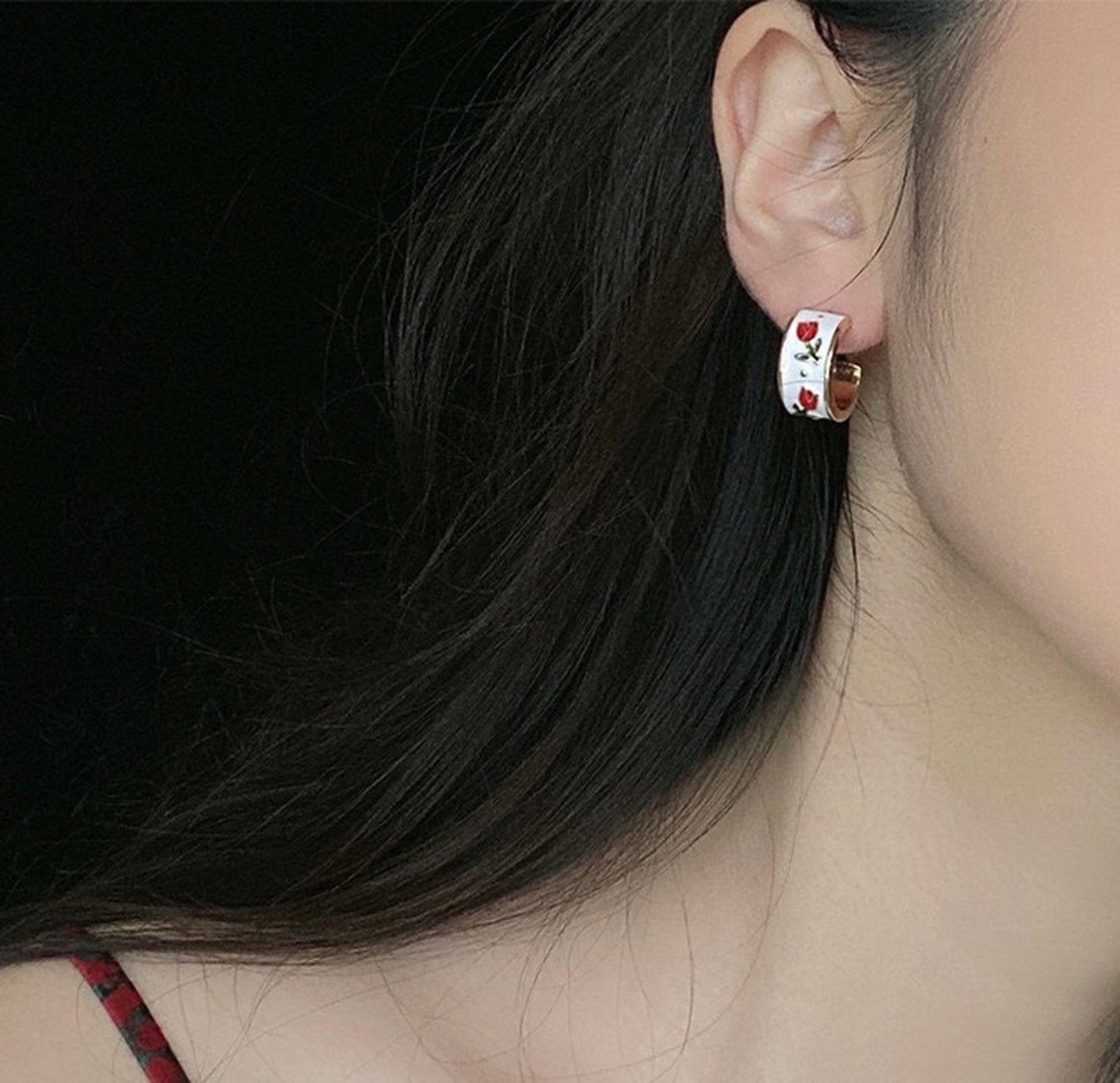 Vintage Style Red Rose Flower Hoop Earrings | Parisian Romantic Chunky Hoop Earrings