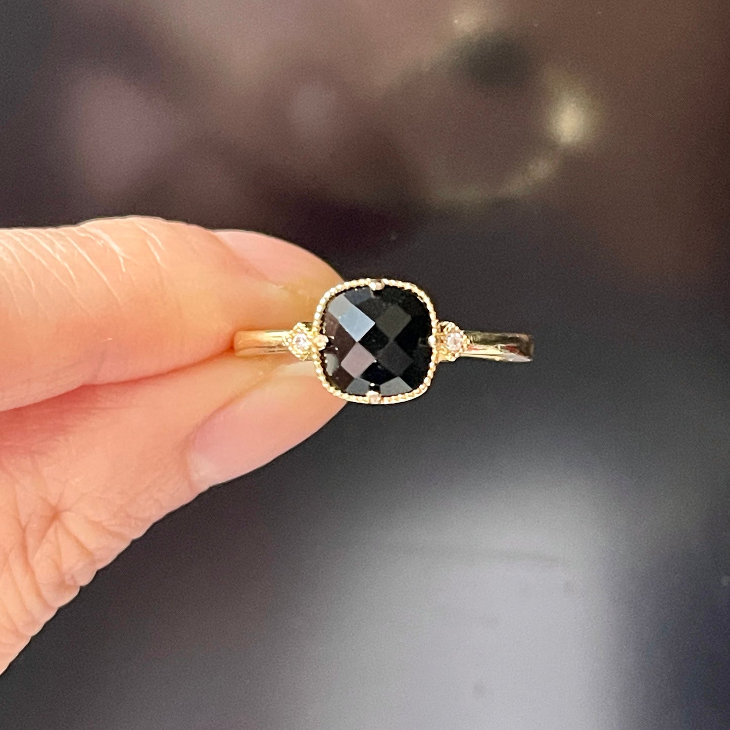 Vintage Style Black Gemstone Cushion Ring - Handmade Black Onyx Agate Gold Band