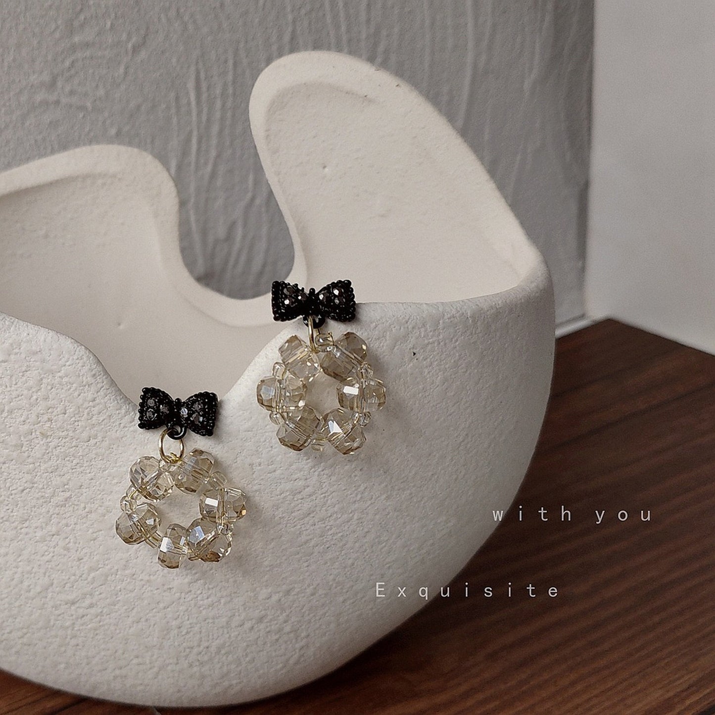 Cute Goth Black Bow Ribbon Earrings - Clear Crystal Beaded Circle Sparkly Earrings