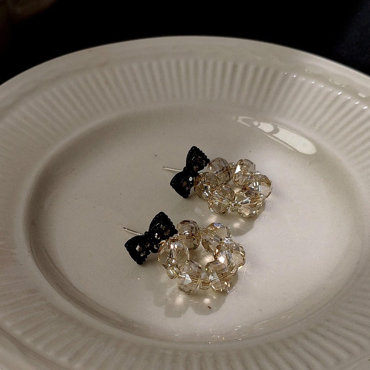 Cute Goth Black Bow Ribbon Earrings - Clear Crystal Beaded Circle Sparkly Earrings