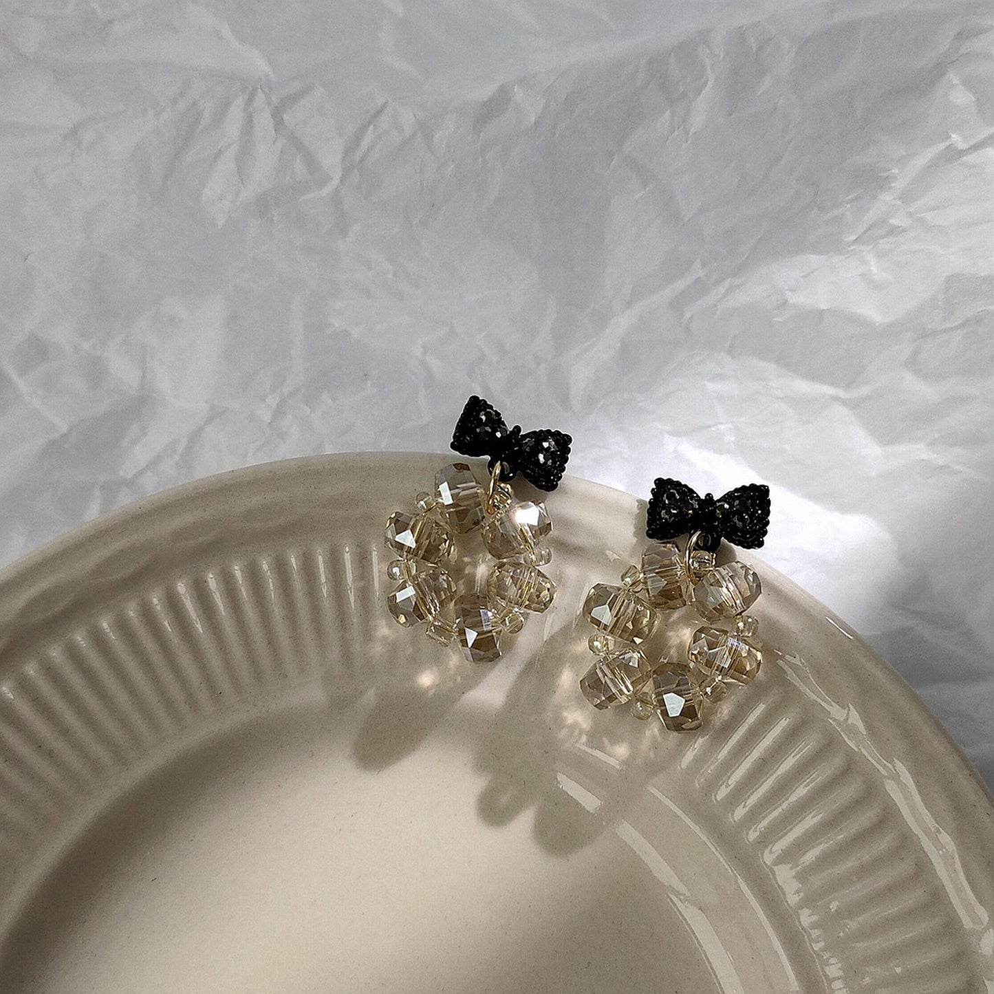 Cute Goth Black Bow Ribbon Earrings - Clear Crystal Beaded Circle Sparkly Earrings