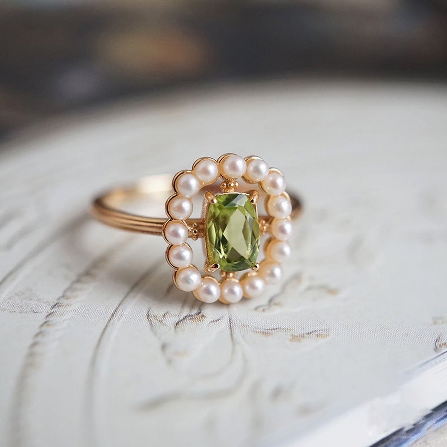 Healing Energy Olive Green Rose Gold Ring | Rectangle Green Birthstone Pearl Crystal Halo Ring