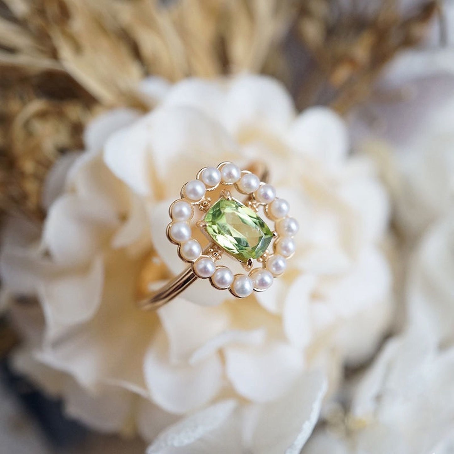 Healing Energy Olive Green Rose Gold Ring | Rectangle Green Birthstone Pearl Crystal Halo Ring
