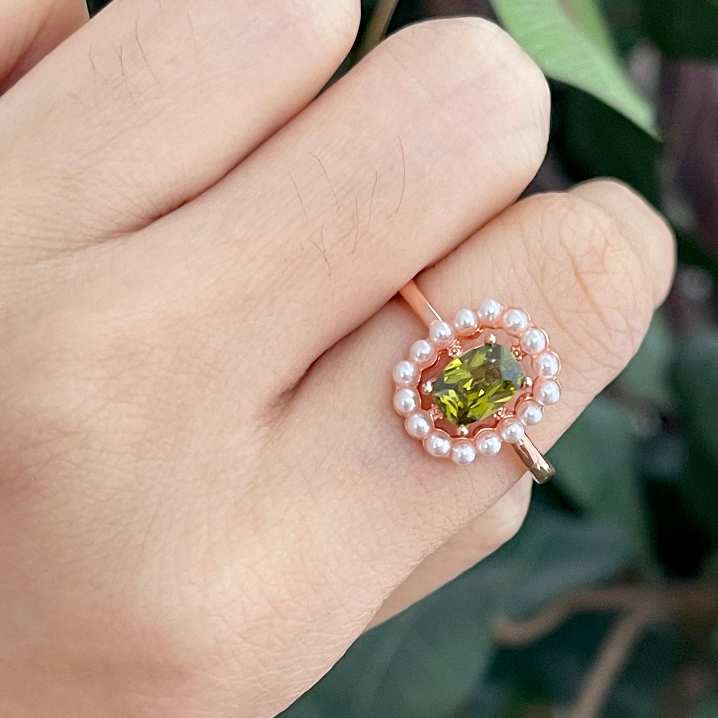 Healing Energy Olive Green Rose Gold Ring | Rectangle Green Birthstone Pearl Crystal Halo Ring