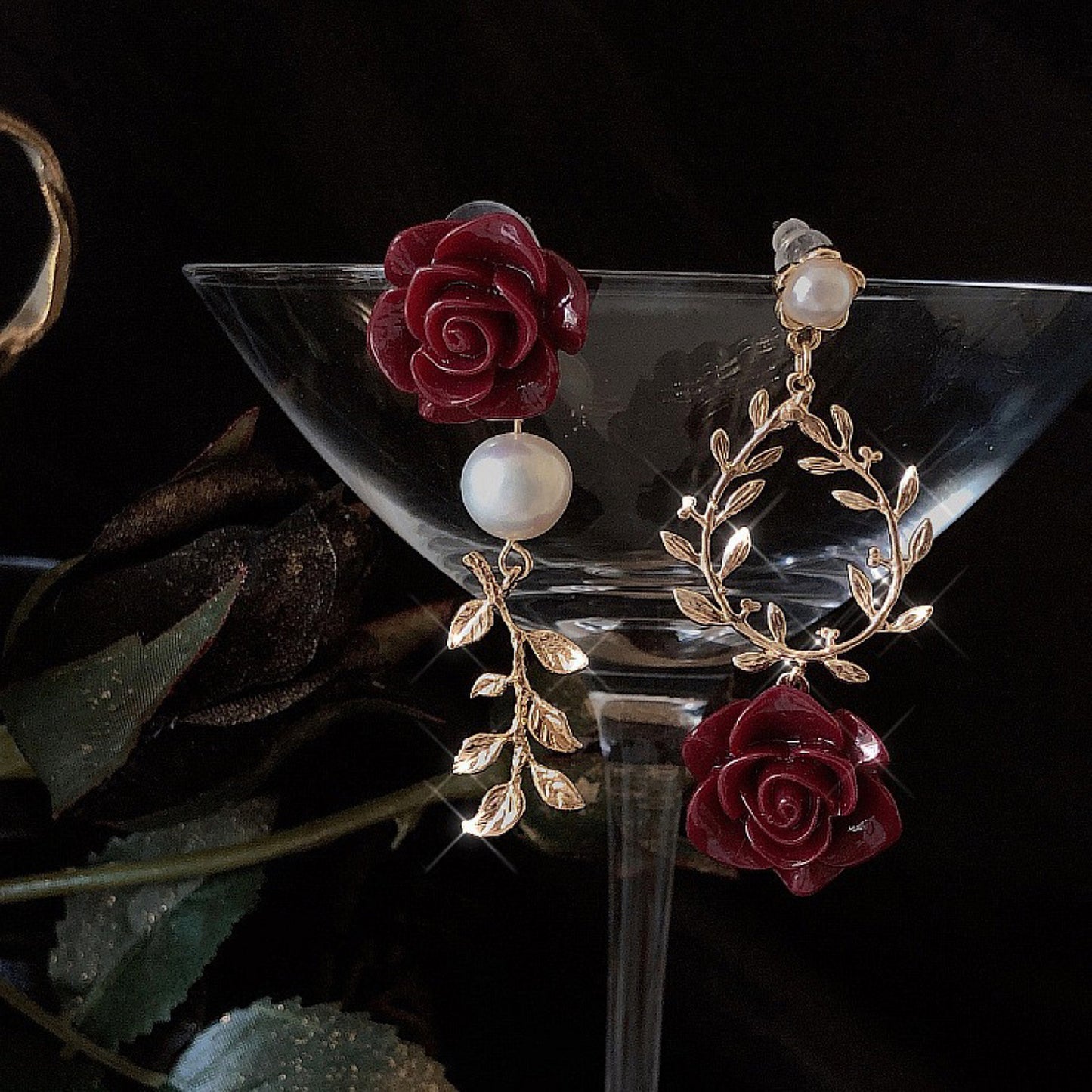 Valentine Princess Red Rose Wreath Earrings | Vintage Style Pearl Flower Gold Olive Vine Earrings