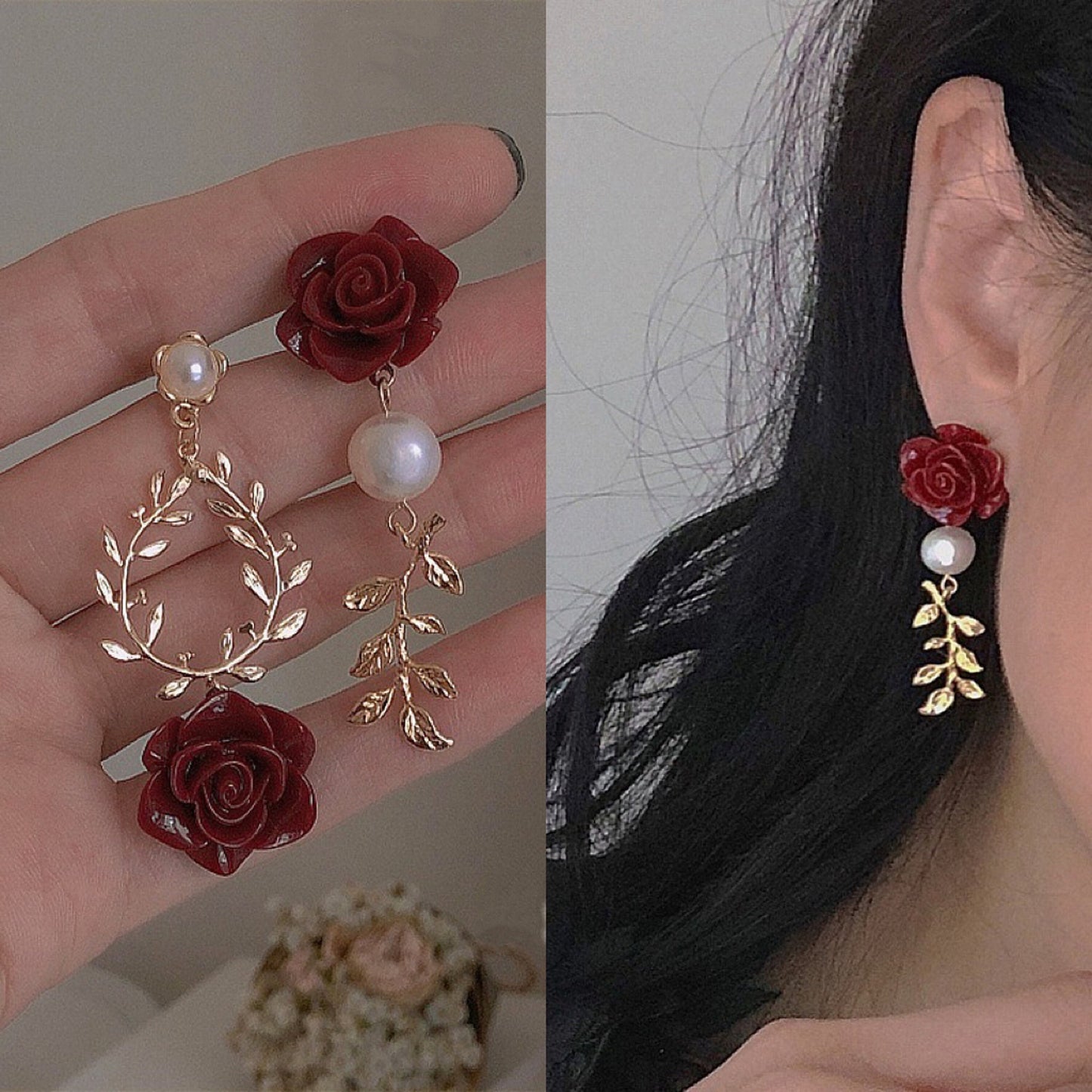 Valentine Princess Red Rose Wreath Earrings | Vintage Style Pearl Flower Gold Olive Vine Earrings