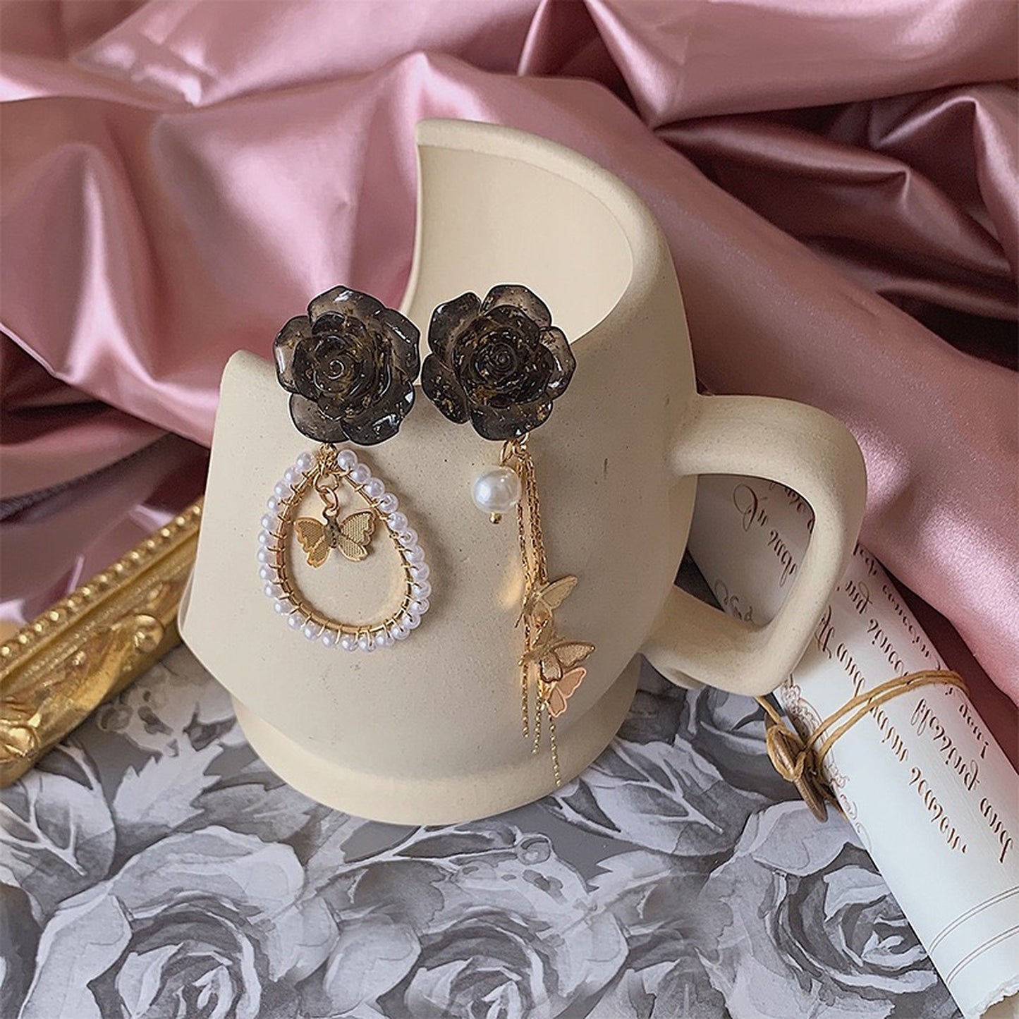 Dark Lolita Princess Drop Earrings | Romantic Black Rose Butterfly Layered Earrings