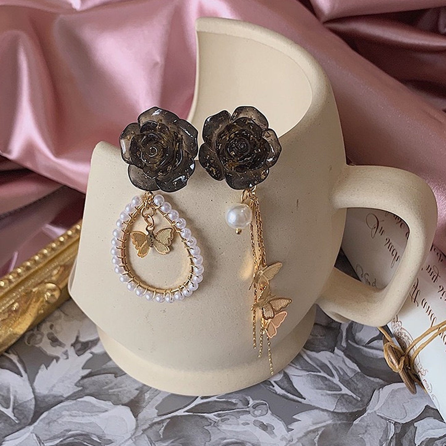 Dark Lolita Princess Drop Earrings - Romantic Black Rose Butterfly Layered Earrings